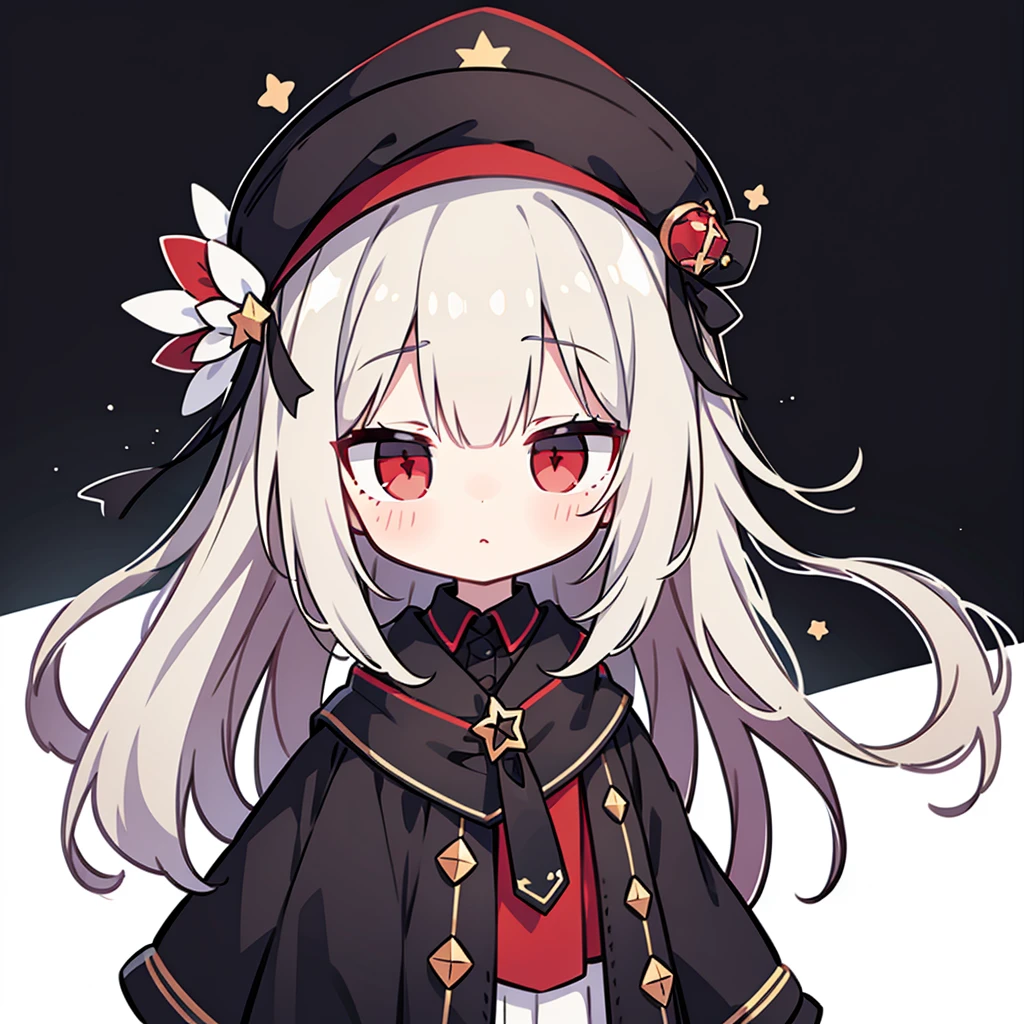 超A high resolution, Best aesthetic, Best Quality, masterpiece,beautiful detailed eyes,1girl, cute, Chibi, black hair, red eyes, red hat, dark theme, star,