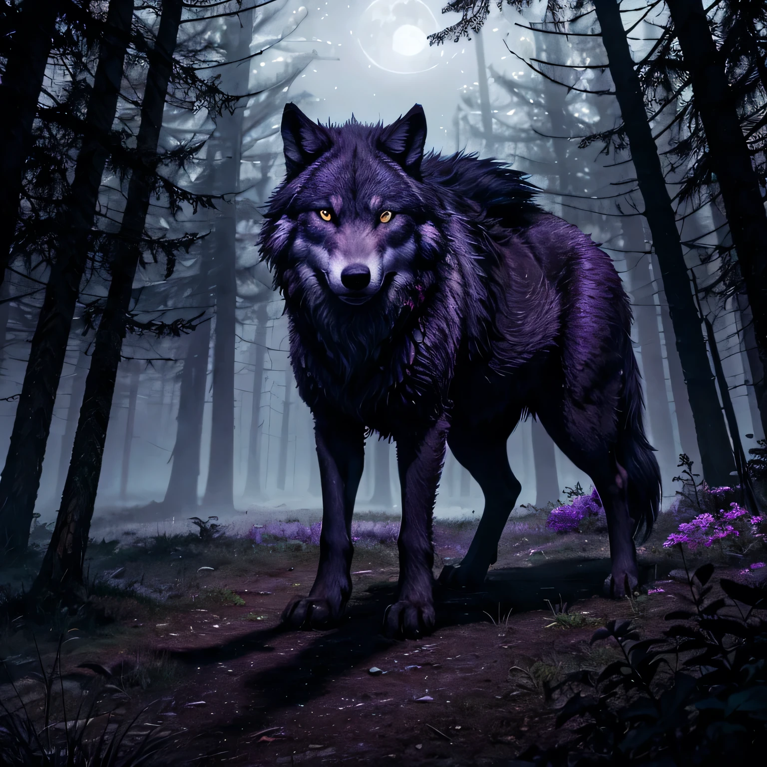 The wolf stands and sniffs, he tries to smell his prey in the night darkness. Against the background of a moonlit forest. Purple fog. Deep, rich colors and intricate details. Karn Griffiths and Charles Wess