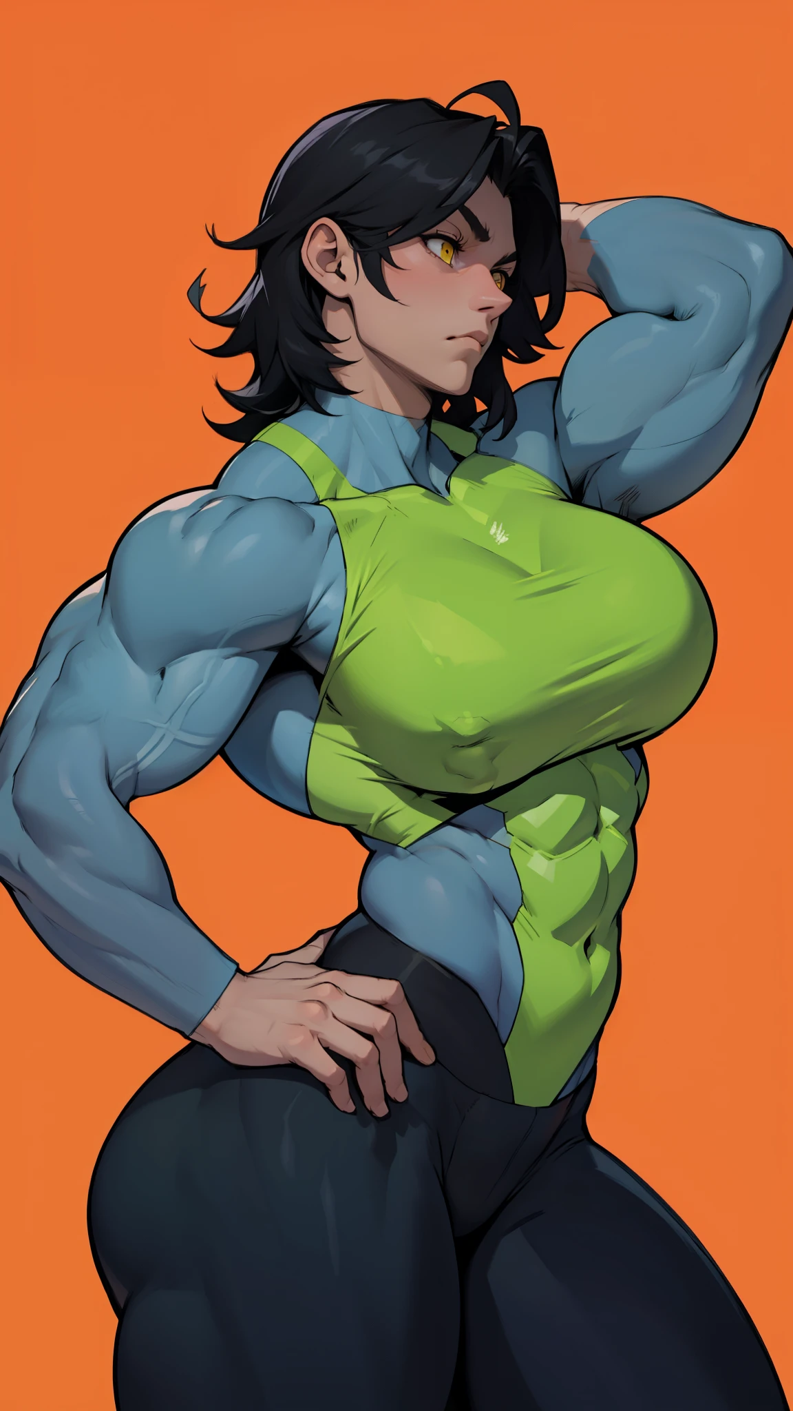 wide hips curvy thick thighs voluptuous huge breasts muscular toned body bodybuilder black hair pale skin yellow eyes skintight expressionless sad sad