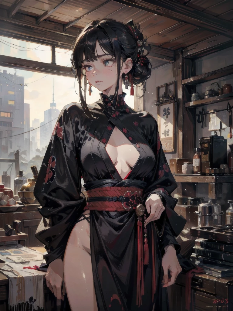 absurdres, RAW photo, extremely delicate and beautiful, masterpiece, Best Quality, ultra high resolution, 32k, hyperrealistic, ultra-detailed, detailed background, landscape, perfect anatomy, anatomically correct, perfect figure, Perfect Style, Perfect balance, super Detailed skin, in her 30s, very Slim body, narrow waist, very small head, very small face, delicate facial features, handsome detailed woman, very detailed eyes and face, realistic face proportions, Realistic beautiful face, Realistic beautiful eyes, tearful mole, earring, very huge round tits, full body shot, medium hair, asymmetrical hair, indoor, cyberpunk, samurai clothes, katanas, kimono,