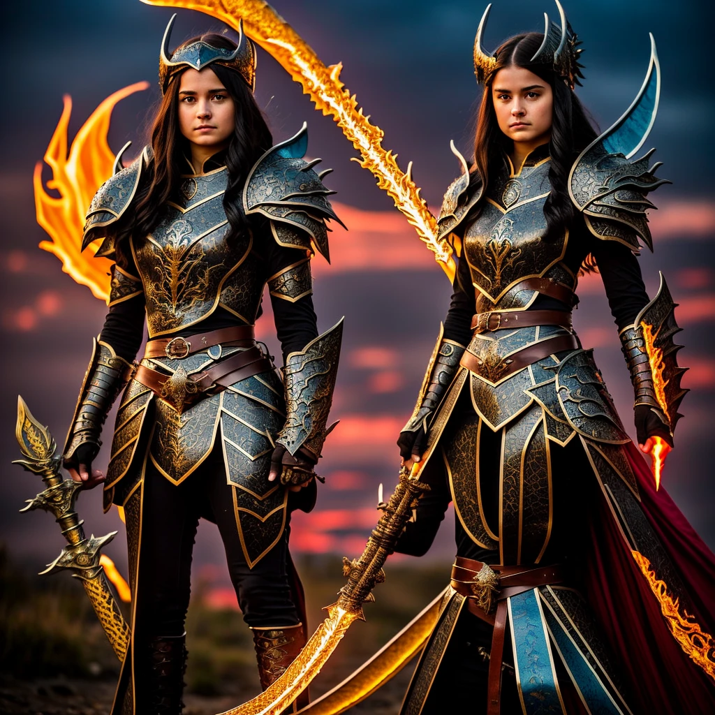 
A 16-year-old warrior girl with long, wavy black hair and intense blue eyes that reflect light and dark flames. She has an athletic and toned body, standing 1.75m tall. Wearing a majestic armor made from the remains of the Supreme Dragon God: a helmet with black and gold scales adorned with protective runes, a breastplate that glows with internal light and inscriptions, gauntlets and gloves made from dragon claws that enhance strength, a belt of dragon leather and scales for extra resistance, and reinforced greaves and boots for agility and impact absorption. She wields a longsword made from the dragon's tail, engulfed in dark flames, a bow made from dragon ribs with elemental arrows, and a dagger crafted from the dragon's horn, enchanted with poison magic. The scene is set at sunset on a battlefield, with a sky ablaze in orange and red hues
```