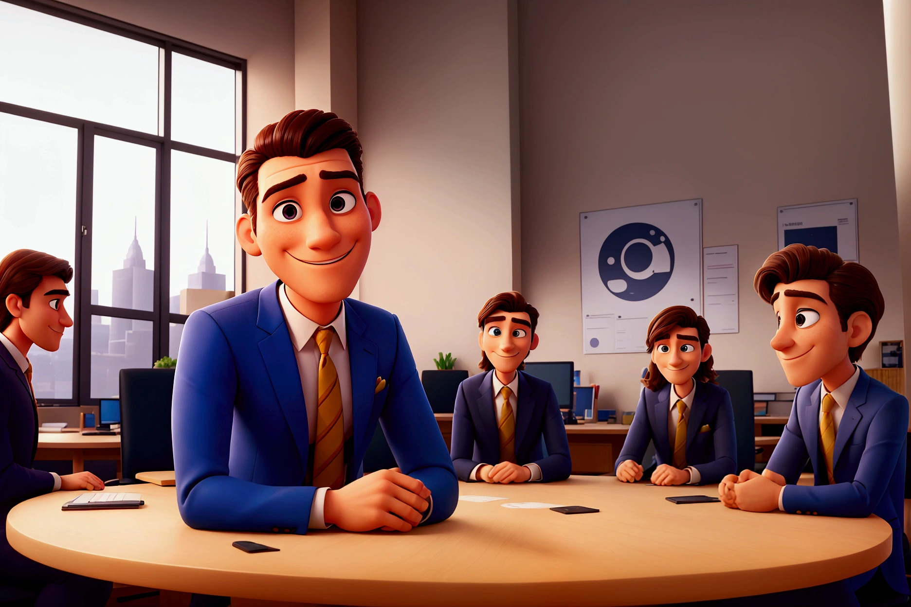 a man with a hidden smile, a beautiful suit, and a beautiful face, is in big office,in meeting discussing projects, with six colleagues on a round table, side view,extremely detailed, with vibrant colors, exceptional sharpness, PIXAR style