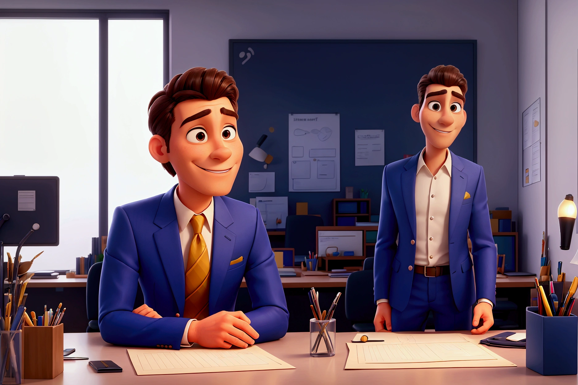 a man with a hidden smile, a beautiful suit, and a beautiful face, is in big office,in meeting discussing projects, side view,extremely detailed, with vibrant colors, exceptional sharpness, PIXAR style