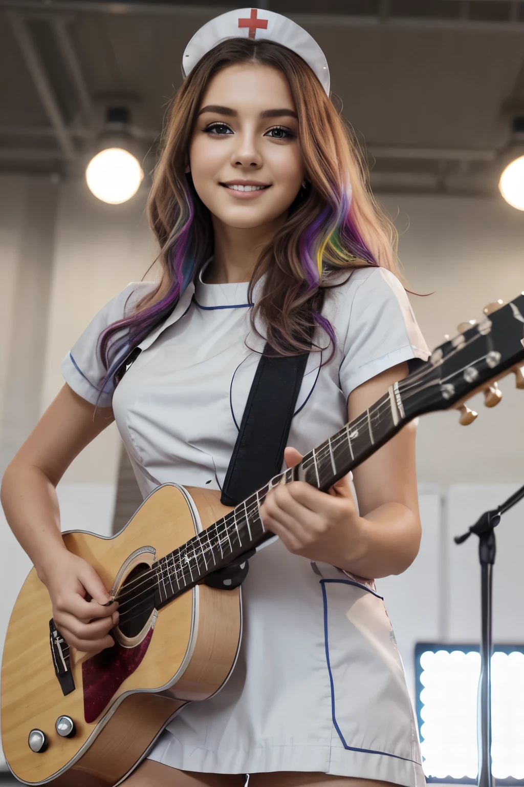 sharp focus, perspective, foreshortening, best quality, ultra res, 8 k, photorealistic, depth of field, 1woman, Playing guitar at a concert, Garterbelt, lighting, long_wave_hair, (White nurse uniform:1.2), cute, 23 years old beautiful sexy woman, singer, beauty, colorful hair, make up, light smile