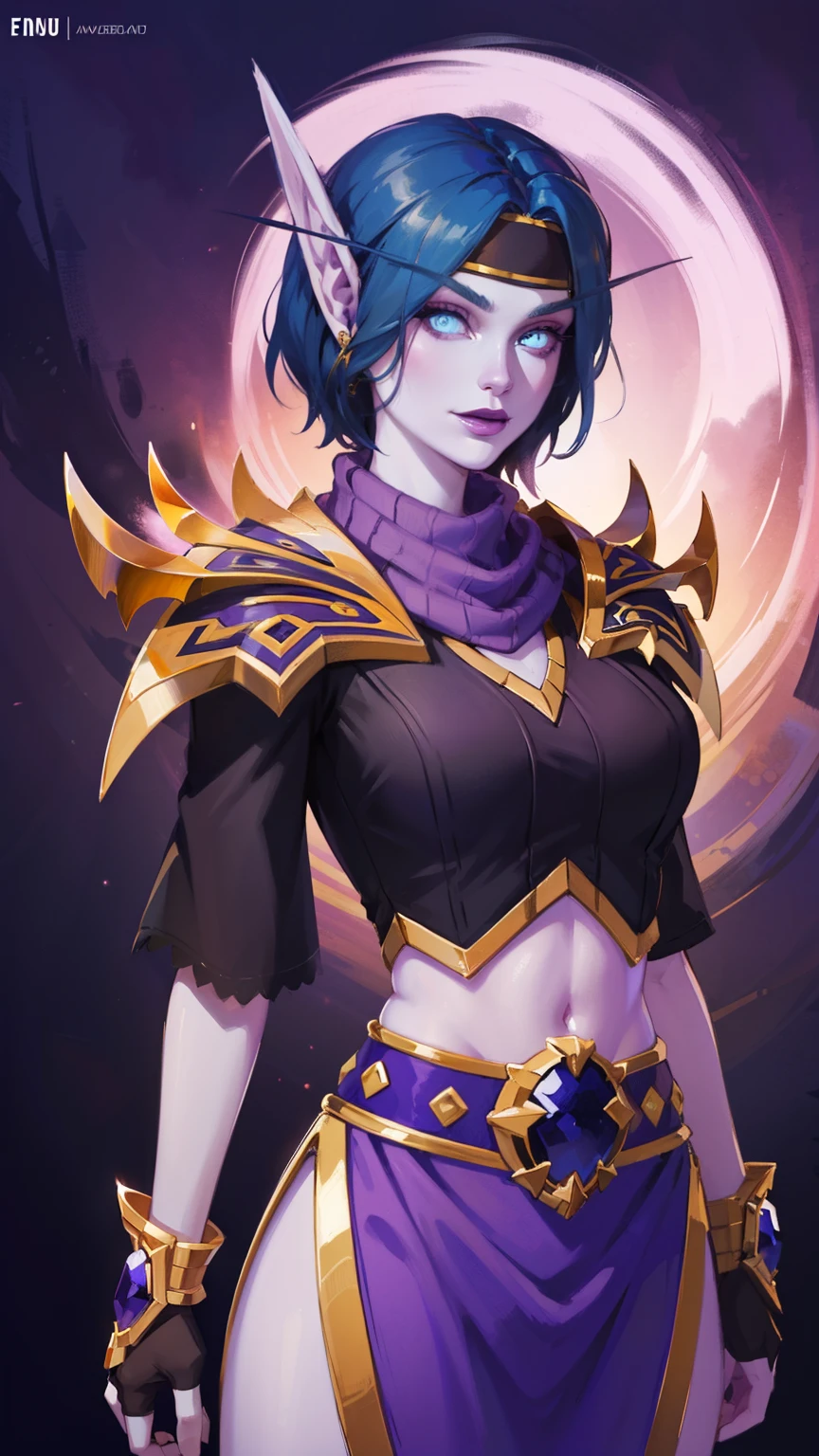 (8K, RAWphotograph, highest quality, masterpiece:1.2), High resolution, Super detailed, intricate details, disorganized, masterpiece, break , beautiful detailed woman, beautifully detailed mouth, highly detailed eyes and face, beautiful and fine eyes, 20 years old girl, (1girl, blue hair, short hair, spiral eyes, smirk, lustful eye, purple lip, licking lips, Tounge out) (digital) (standing) (looking at viewer), (Purple Forest background), (Gold ninja headband) (purple scarf) (purple sweater) (purple Ninja outfit)) , best quality, blue eyes, pointy ears, colored skin, blue skin, cover shoulder, sleeves, gloves, Purple clothes, semi crop top, gold trim, voidelf