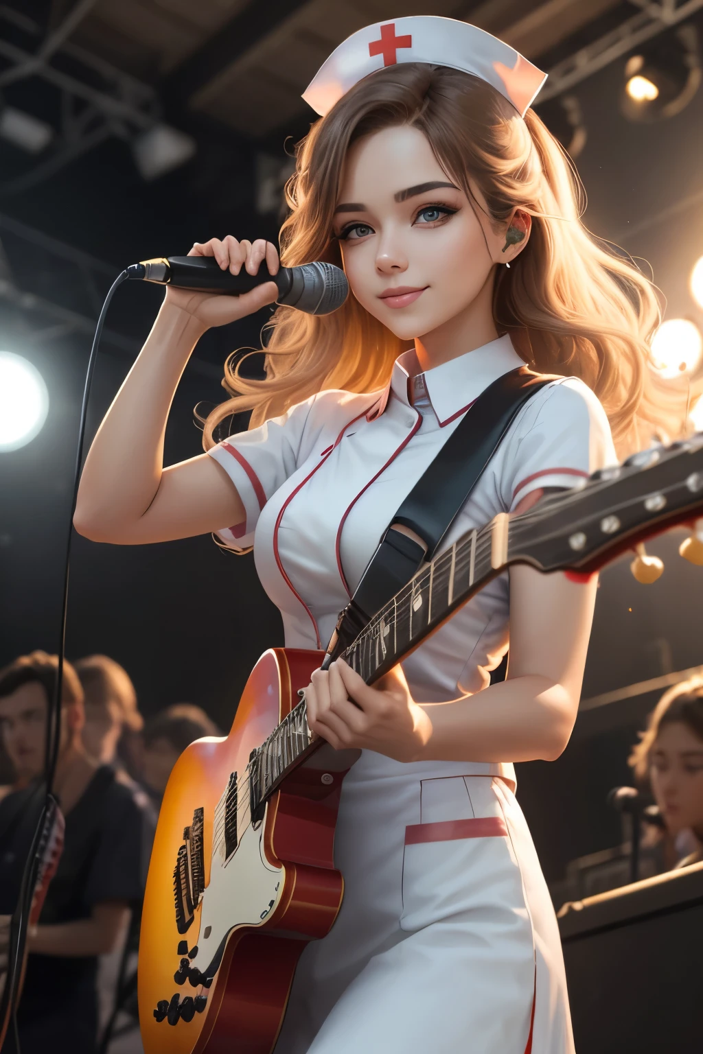 sharp focus, perspective, foreshortening, best quality, ultra res, 8 k, photorealistic, depth of field, 1woman, Playing guitar at a concert, Garterbelt, lighting, long_wave_hair, (White nurse uniform:1.2), cute, 23 years old beautiful sexy woman, singer, beauty, colorful hair, make up, light smile