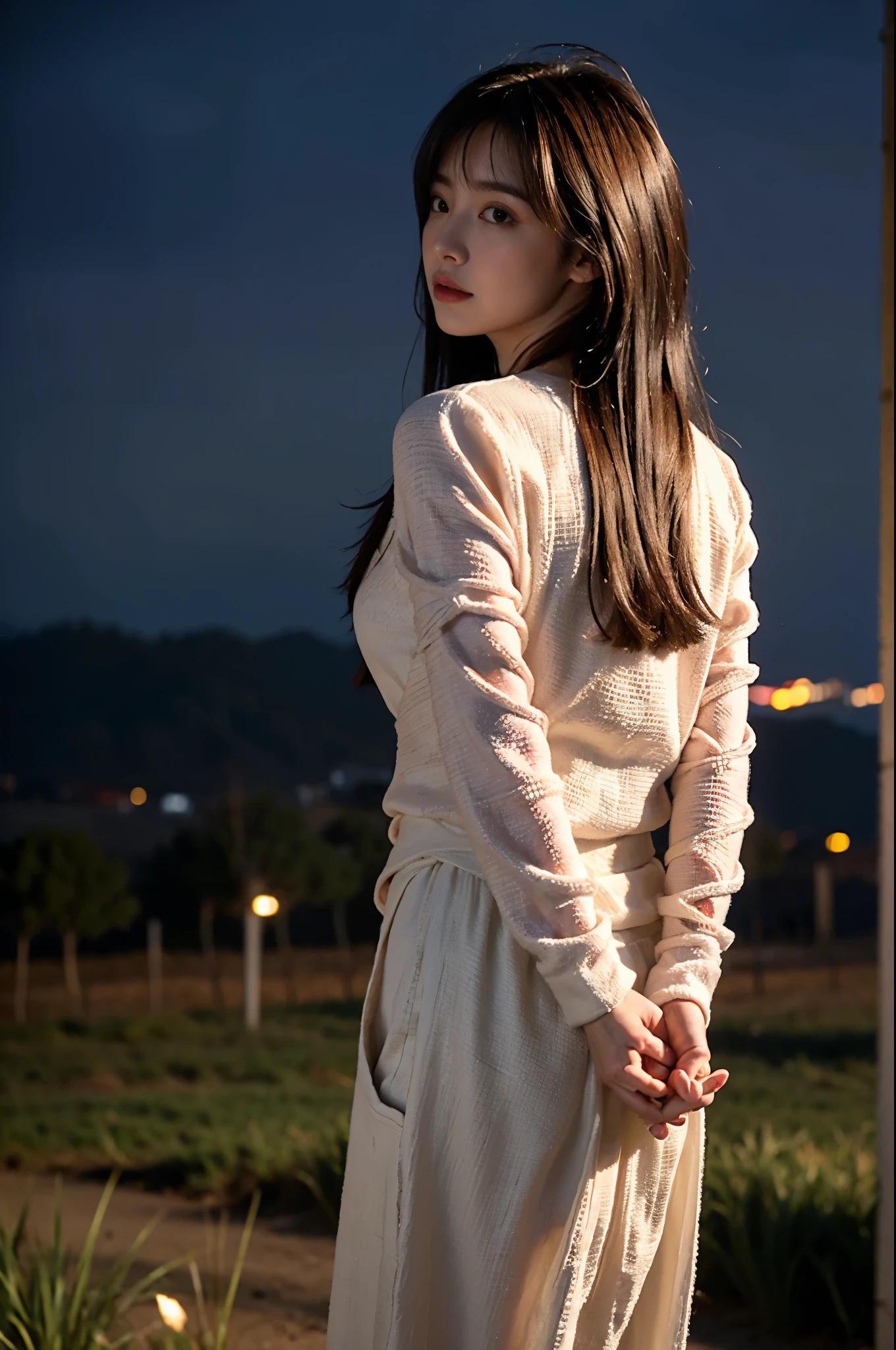 The woman has her hands tied、Place your hands behind your back、(((Hands clasped behind your back)))、(((Her wrists are wrapped in rope)))、Beauty、２０age、university student、Standing on a hill at night、There are a lot of trees、Beautiful night sky、There are many stars、A strong wind is blowing、Wearing a short-sleeved blouse、Wear a long skirt、Uniform eyes、Balanced proportionedium build、Small breasts、Small face、(I can see from head to heel), Black Hair, bangs, Swept bangs, Straight hair, Nervous, Messy Hair, Floating hair, Cinema Lighting, throw, Nikon, Surrealism, 超High resolution, Highest quality, High resolution, Anatomically correct body、, tachi-e, First Person View, From behind, F/1.2, 8k, Textured skin