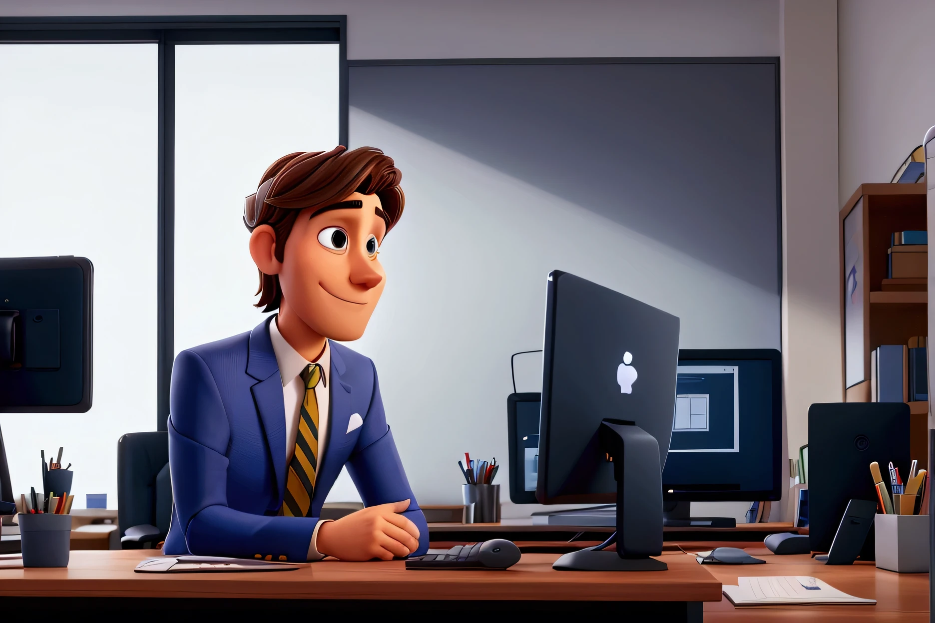a man with a hidden smile, a beautiful suit, and a beautiful face, is in big office,checking emails in his computer, side view,extremely detailed, with vibrant colors, exceptional sharpness, PIXAR style