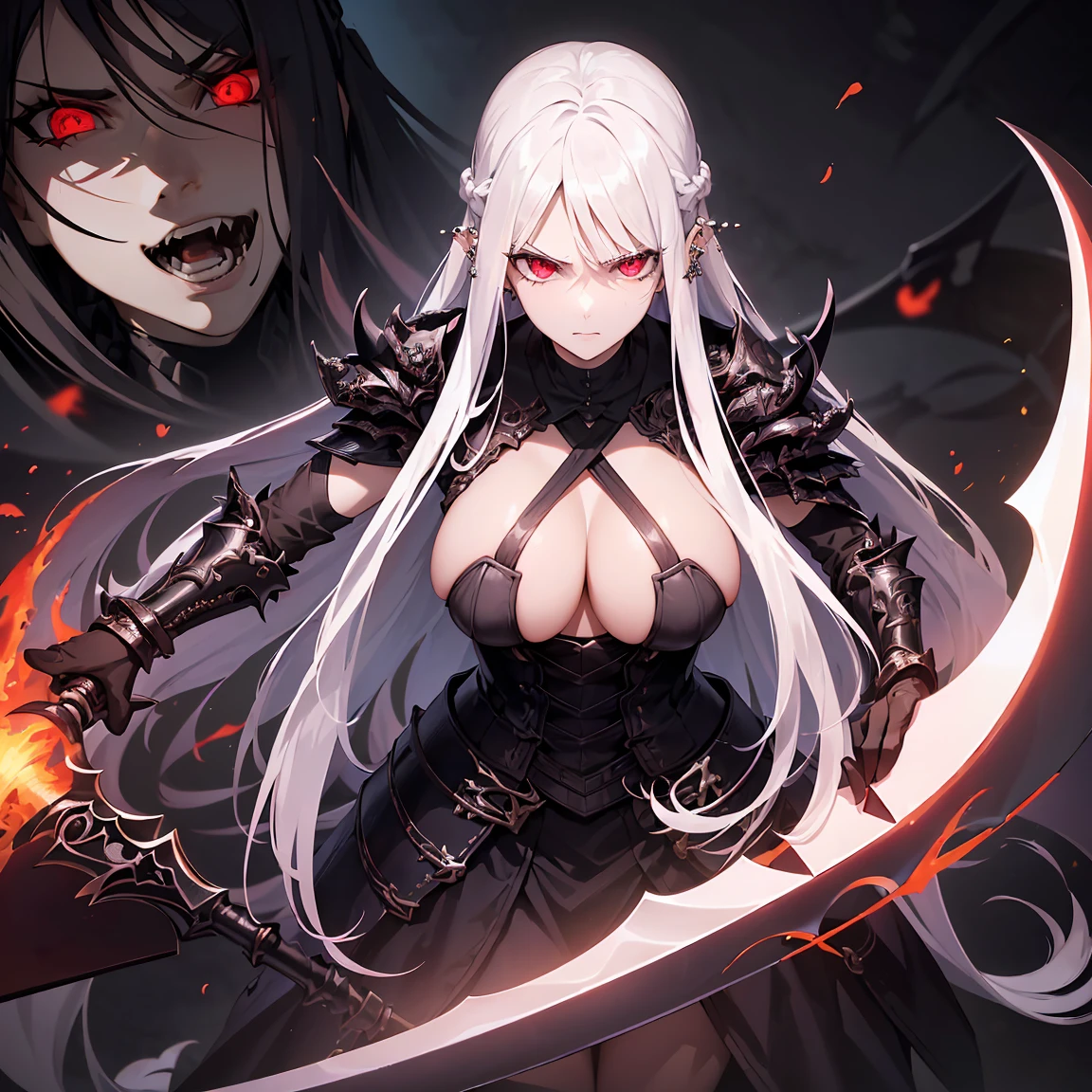 (((masterpiece, best quality, ultra detailed, 8k))) character design sheet of a female character wearing a demonic armor in purple, black, and white. She wields a large, stylized scythe matching the armor. The character has long white hair, piercing red eyes, and a menacing expression. The scene is set in a chaotic environment. Full body front view, with additional close-up views of armor details, weapon, and facial features. (demonic armor:1.3), (stylized scythe:1.3), (extremely detailed:1.5), (long white hair:1.2), (piercing red eyes:1.2), (chaotic environment:1.1). {Detailed background elements and character features are emphasized}.
