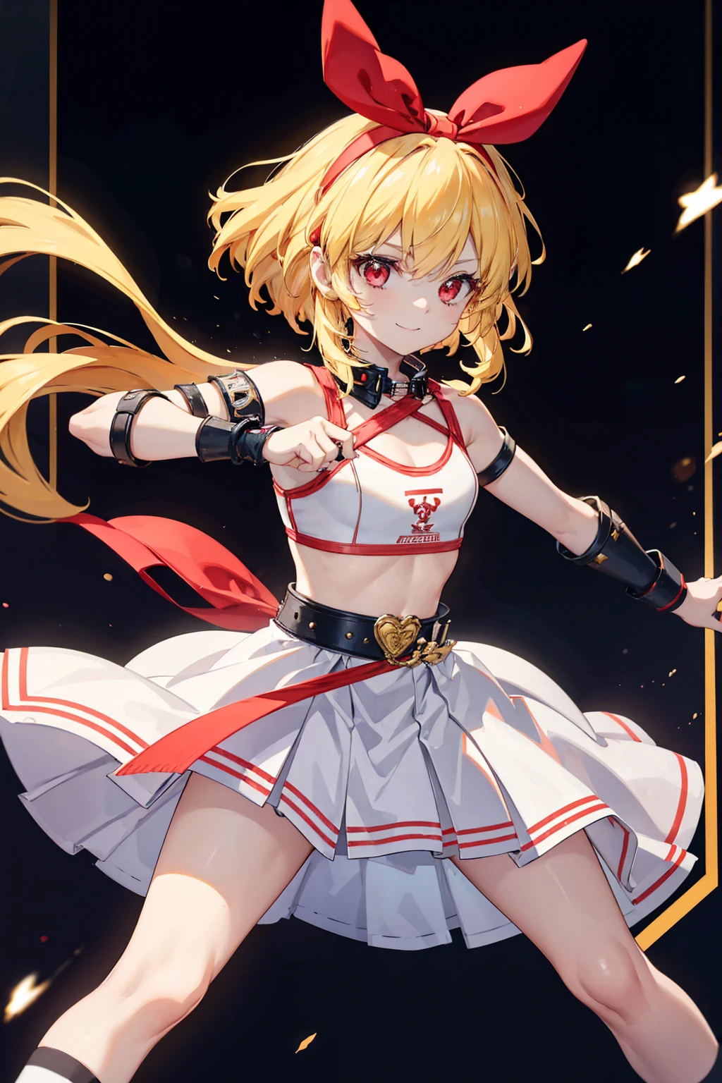 (RED Ribbon on HAIRband:1.2),A boyish female warrior with  yellow-white messy hair, wearing metal gauntlets, in a fighting stance, smiling, revealing clothing, small breasts, toned muscles, and a slender build  Electricity is emitted from both hands, sports bra type armor, armor from the waist to the knees, supple legs, black bangles on the upper arms, and a collar with a chain