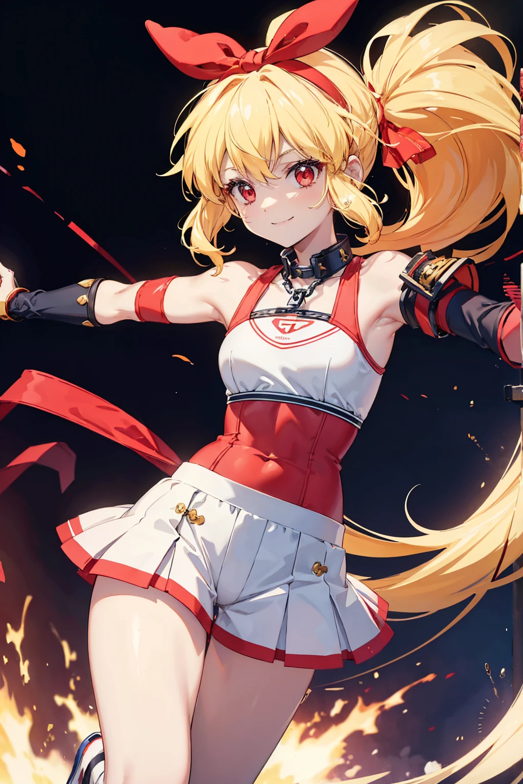 (RED Ribbon on HAIRband:1.2),A boyish female warrior with yellow-white messy hair, wearing metal gauntlets, in a fighting stance, smiling, revealing clothing, small breasts, toned muscles, and a slender build Electricity is emitted from both hands, sports bra type armor, armor from the waist to the knees, supple legs, black bangles on the upper arms, and a collar with a chain