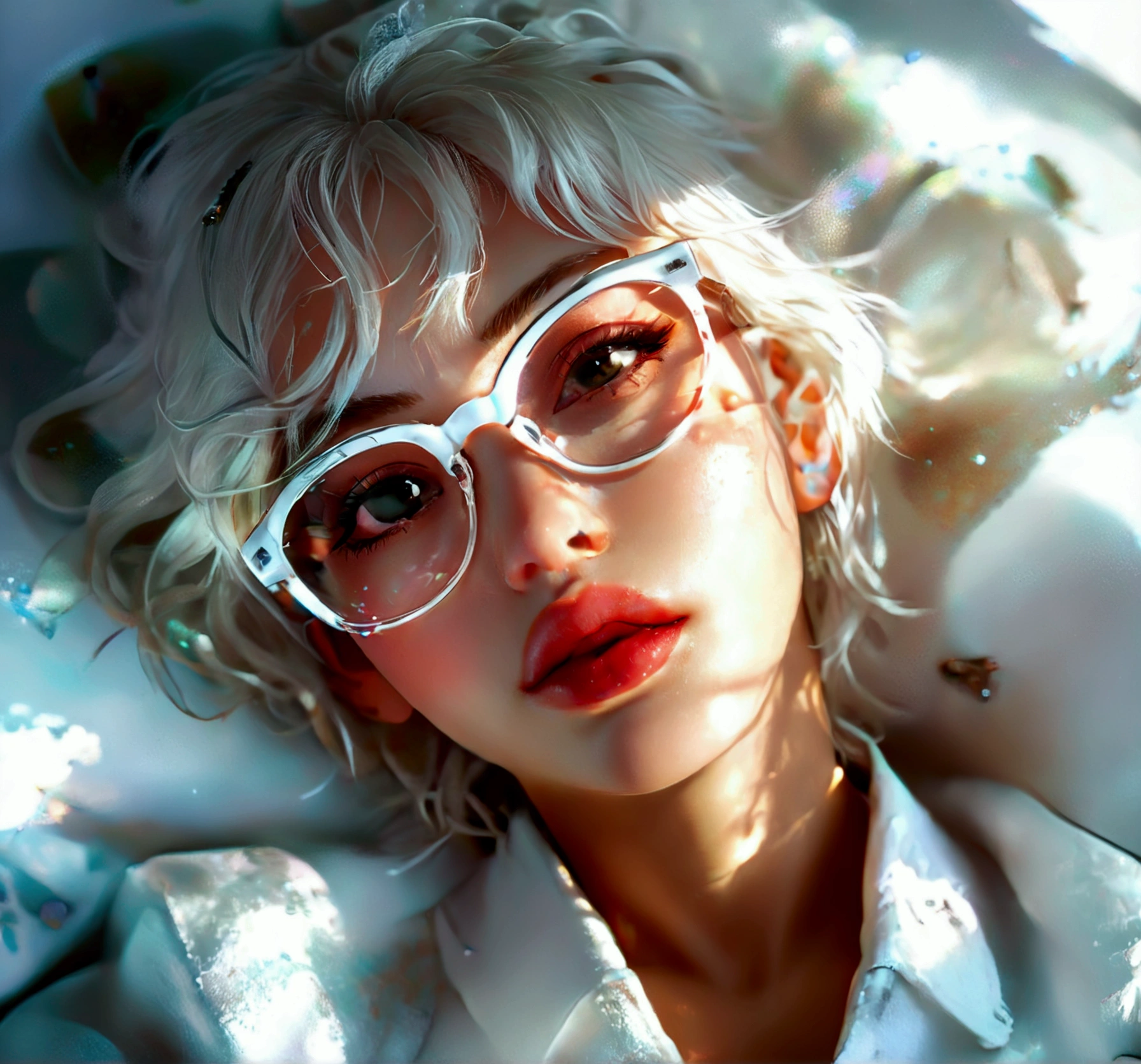 Woman with huge cock, fully body, sweet expression, lying down, white glasses, short white hair, (8k, CRU photo, photorrealistic:1.25) ,( Lip gloss, eyelash, bright face, shining skin, best qualityer, super high resolution , Depth of field, Chromatic aberration, caustics, broad light, natural shadows, KPOP Idol) looking at the viewer with the serenity and happiness of a goddess, whole body, breasts big, Unclothed, secretary, 