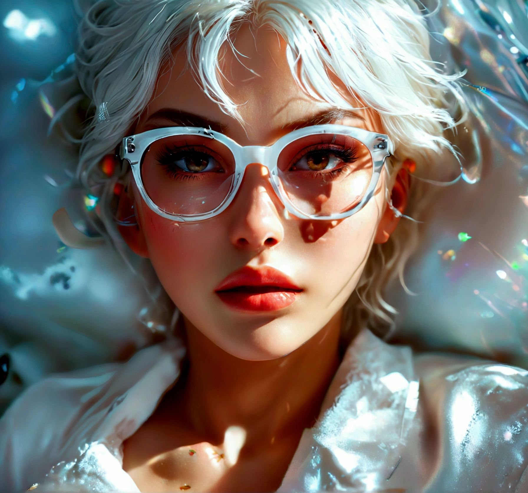 Woman with huge cock, fully body, sweet expression, lying down, white glasses, short white hair, (8k, CRU photo, photorrealistic:1.25) ,( Lip gloss, eyelash, bright face, shining skin, best qualityer, super high resolution , Depth of field, Chromatic aberration, caustics, broad light, natural shadows, KPOP Idol) looking at the viewer with the serenity and happiness of a goddess, whole body, breasts big, Unclothed, secretary, 