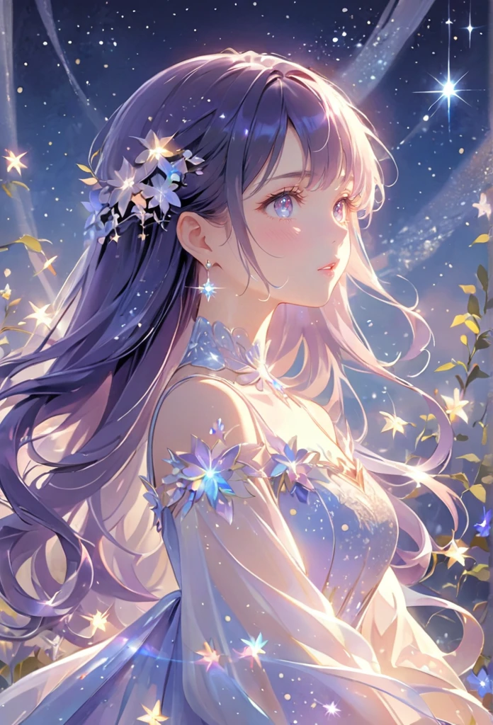 A girl standing alone under the starry night sky, with her silhouette illuminated by the soft moonlight and twinkling stars. Her face is beautifully detailed, with mesmerizing eyes that seem to reflect the universe itself, long and fluttering eyelashes, and exquisitely defined lips. She has very long dark purple hair and is dressed in an elegant gown, flowing and ethereal, embracing her figure gracefully as it glimmers with a subtle celestial glow. The intricate details of her dress catch the faint starlight, creating a mesmerizing sparkle. The surrounding landscape showcases a serene garden, lush with vibrant foliage and colorful flowers. The air is filled with a gentle breeze, causing the leaves to rustle and the flowers to sway delicately. The garden is bathed in a warm, dreamy color palette, with hues of deep blues, purples, and hints of silver. The atmosphere is calm and tranquil, evoking a sense of peace and serenity. The artwork is of the highest quality, meticulously created with ultra-detailed brushstrokes and precise attention to every element. The texture and depth of the painting are breathtaking, with a sense of realism and photorealism that captures the awe-inspiring beauty of the night sky. The lighting is soft and diffused, casting a gentle glow over the entire scene, enhancing the magical ambiance. The girl's presence radiates a sense of mystery and wonder, as if she holds a secret connected to the celestial beings above. The overall composition evokes a feeling of timelessness and captures the essence of a StarSign, an artwork that embodies the celestial beauty and inner strength of a girl in harmony with the stars.