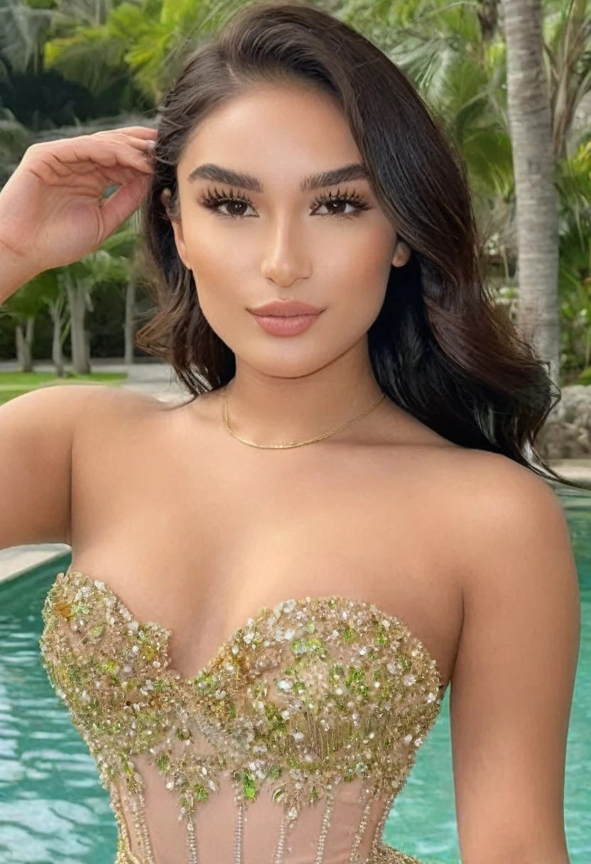 (((high quality:1.2))), Work of art, (8k), extremely detailed, ((High detail:1.2)) ((best resolution)), (HotLexi woman), Solo, 24 years old brazilian female, (dress strapless), (beautiful perfect square defined model face:1.4)