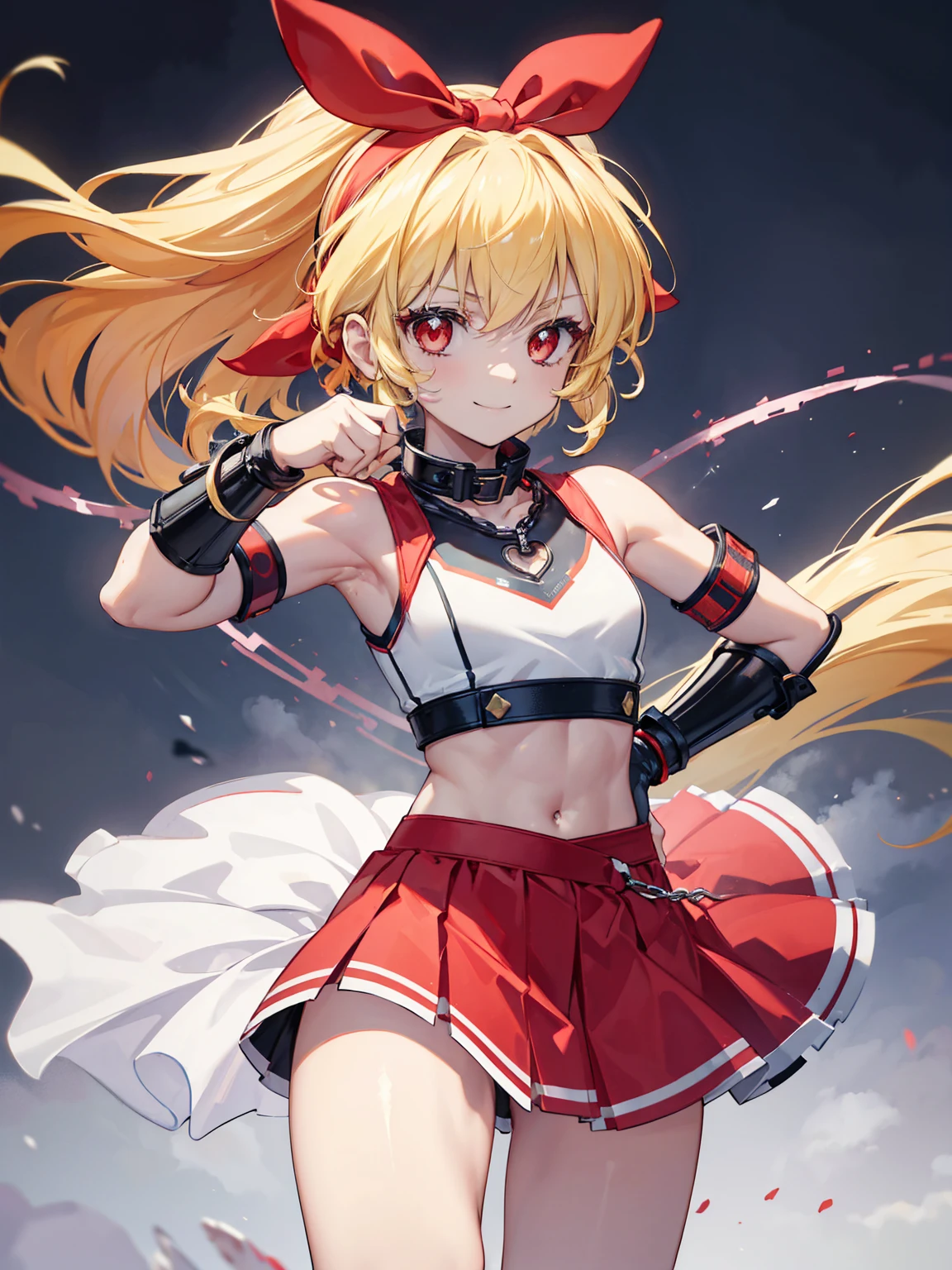 (RED Ribbon on HAIRband:1.2),A boyish female warrior with  yellow-white messy hair, wearing metal gauntlets, in a fighting stance, smiling, revealing clothing, small breasts, toned muscles, and a slender build  Electricity is emitted from both hands, sports bra type armor, armor from the waist to the knees, supple legs, black bangles on the upper arms, and a collar with a chain