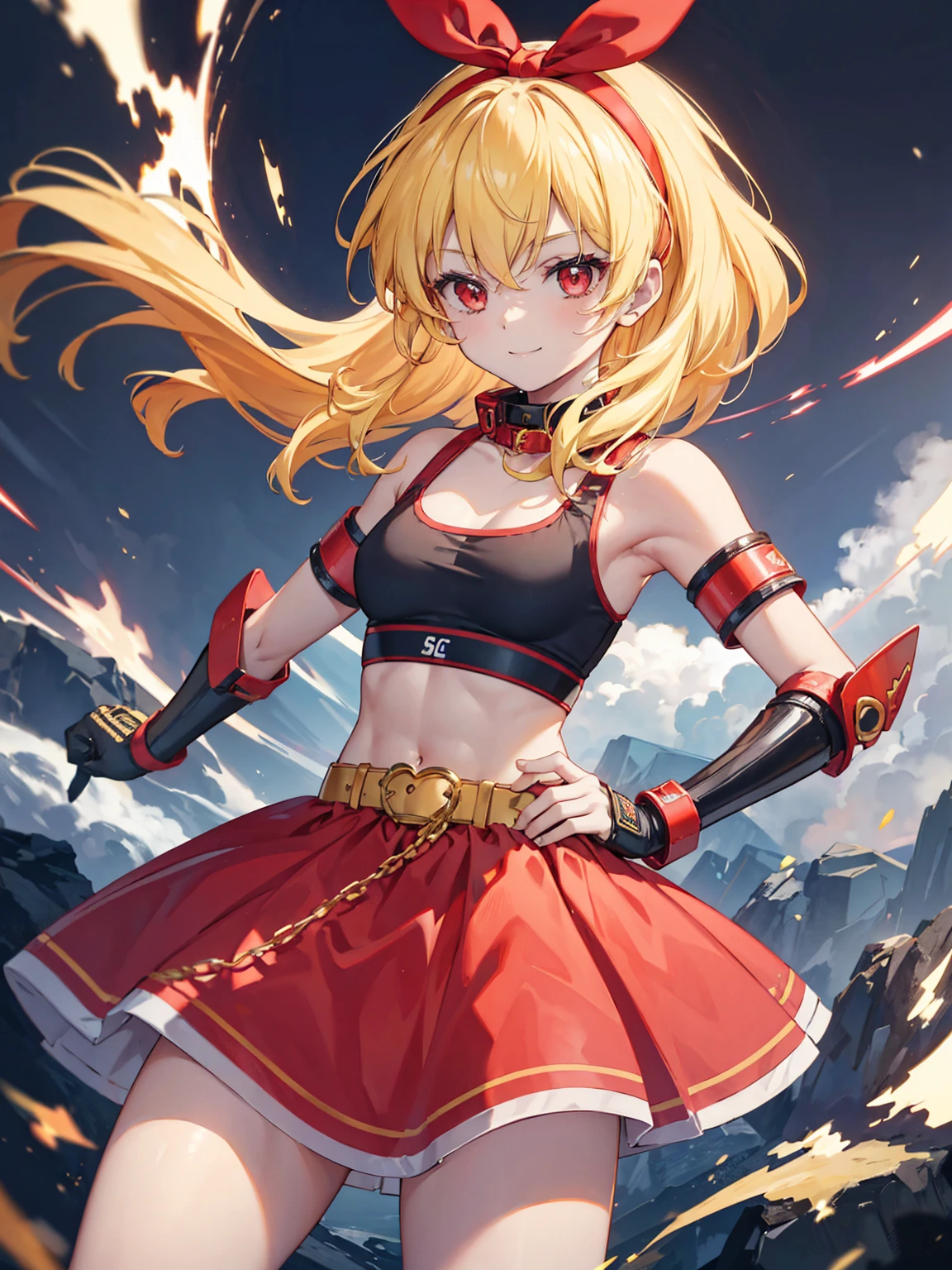 (RED Ribbon on HAIRband:1.2),A boyish female warrior with  yellow-white messy hair, wearing metal gauntlets, in a fighting stance, smiling, revealing clothing, small breasts, toned muscles, and a slender build  Electricity is emitted from both hands, sports bra type armor, armor from the waist to the knees, supple legs, black bangles on the upper arms, and a collar with a chain