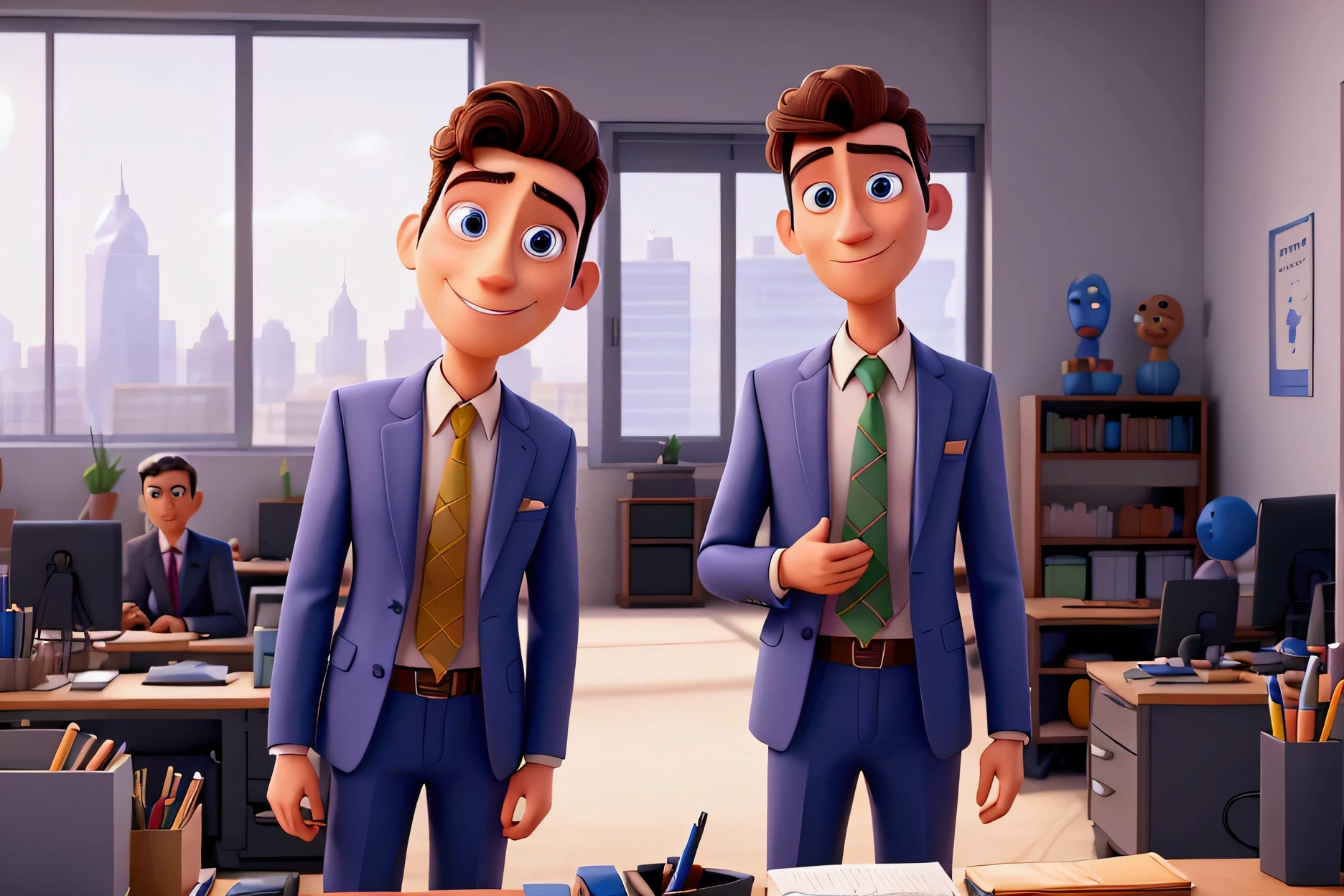 in 2024, a man with a hidden smile, a beautiful suit, and a beautiful face, is in big spacious office,with workers, PIXAR style