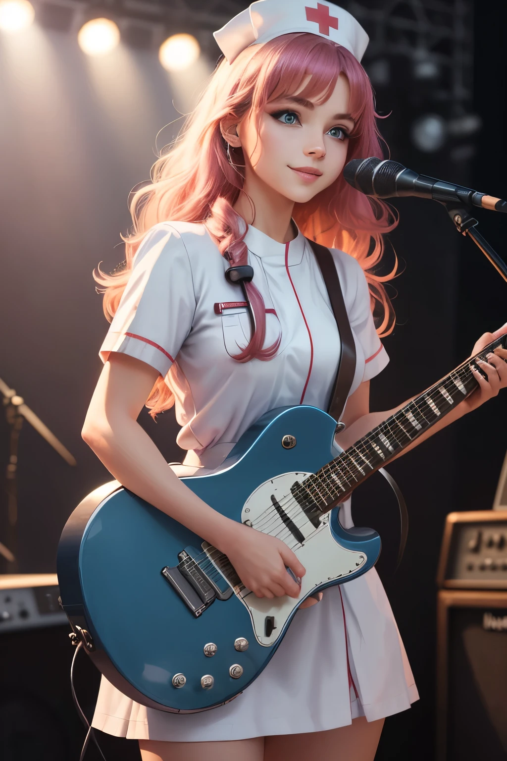 sharp focus, perspective, foreshortening, best quality, ultra res, 8 k, photorealistic, depth of field, 1woman, Playing guitar at a concert, Garterbelt, lighting, long_wave_hair, (White nurse uniform:1.2), cute, 23 years old beautiful sexy woman, singer, beauty, colorful hair, make up, light smile
