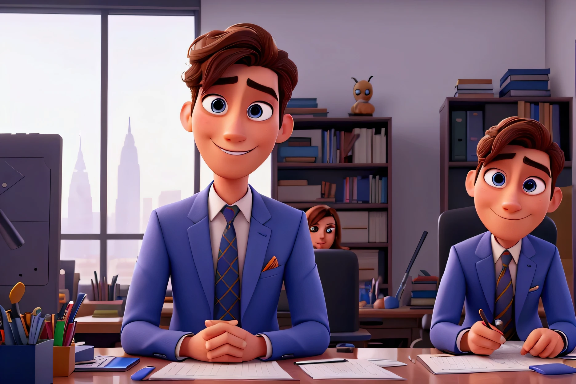 in 2024, a man with a hidden smile, a beautiful suit, and a beautiful face, is in big office,with workers, extremely detailed, with vibrant colors, exceptional sharpness, PIXAR style