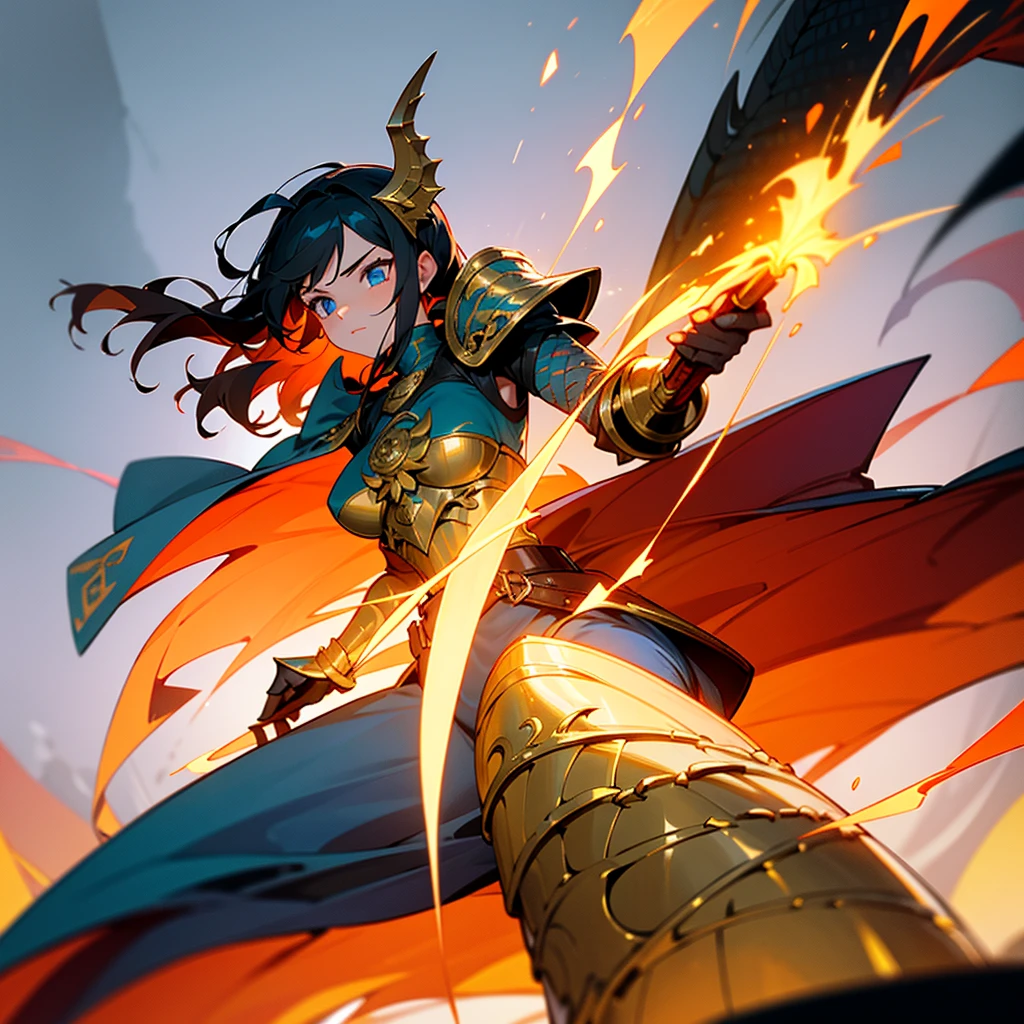A 16-year-old warrior girl with long, wavy black hair and intense blue eyes that reflect light and dark flames. She has an athletic and toned body, standing 1.75m tall. Wearing a majestic armor made from the remains of the Supreme Dragon God: a helmet with black and gold scales adorned with protective runes, a breastplate that glows with internal light and inscriptions, gauntlets and gloves made from dragon claws that enhance strength, a belt of dragon leather and scales for extra resistance, and reinforced greaves and boots for agility and impact absorption. She wields a longsword made from the dragon's tail, engulfed in dark flames, a bow made from dragon ribs with elemental arrows, and a dagger crafted from the dragon's horn, enchanted with poison magic. The scene is set at sunset on a battlefield, with a sky ablaze in orange and red hues
```