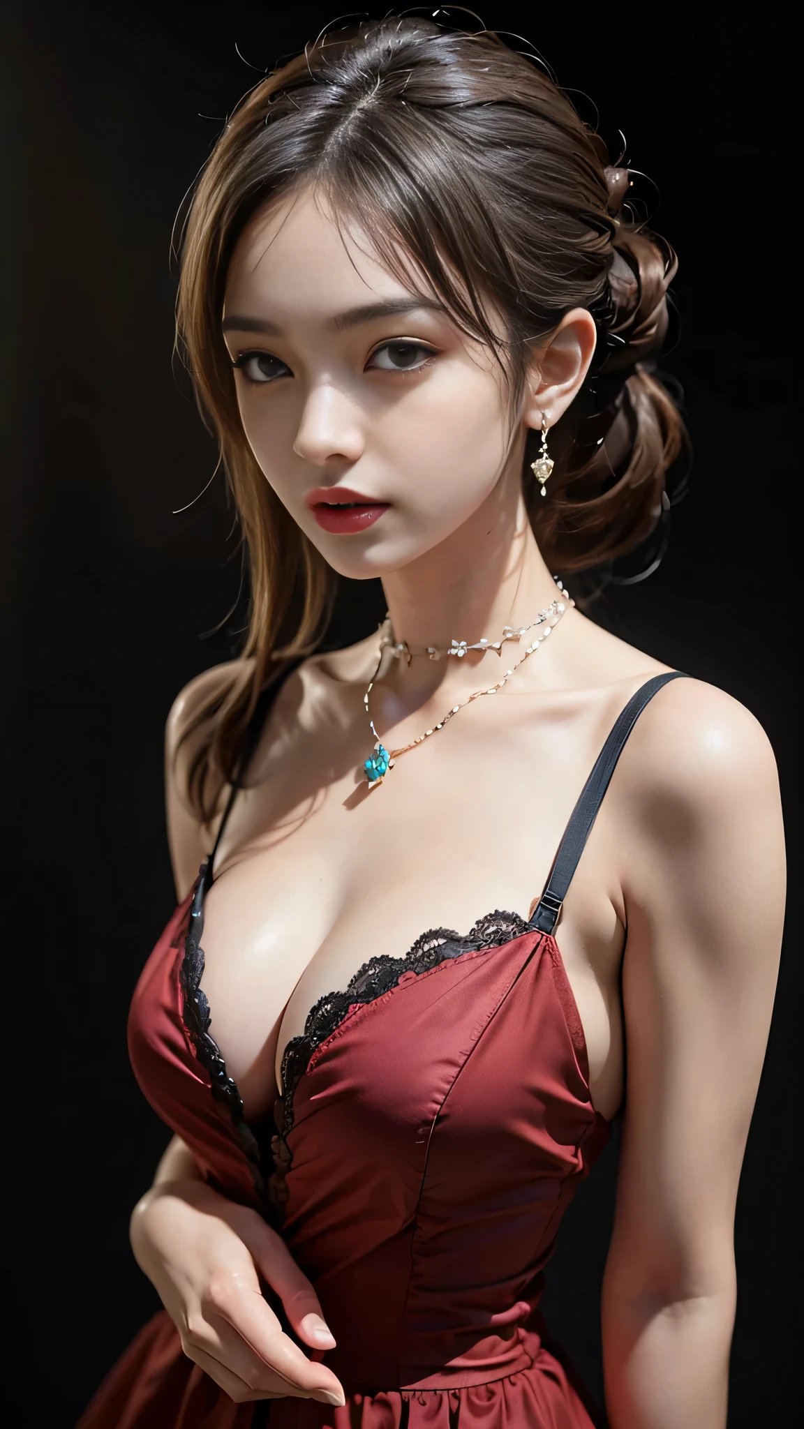 ((masterpiece:1.4)、(Highest quality:1.4)、(Realistic:1.7))、Masterpiece:1.4、Pretty Girl 0.3、(1 Girl:1.4)、pretty girl、(Portrait Photography:1.4)、(Close-up photo:1.7)、(An outfit that emphasizes beautiful breasts:1.4)、Sharp focus:1.5、Detailed eyes、double eyelid、{Long Hair}、Beautiful woman with perfect figure:1.4、Perfect proportions:1.4、(Anatomically correct body shape:1.4)、well-proportioned and beautiful udder:1.2、Upper body photo shoot:1.2、Beautiful expression、Resistance、Dark Background、ponytail、Nikon SLR D6、Natural light、Lighting technology that creates beautiful expressions、Ideal lighting、RAW Photos、Red lips、Beautiful face with long face、choker:1.4、necklace:1.4、Earrings:1.4、1 Screen Display