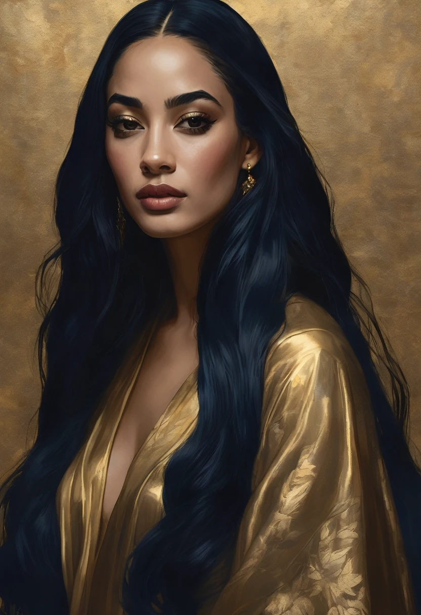 Jorja Smith with long black hair in a gold painting, in the style of charlie bowater, dark blue and dark black, comic art, realistic color palette, dark black and beige, soft-focused realism