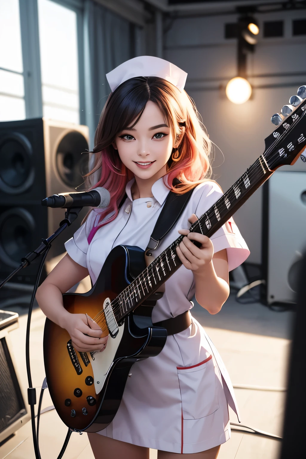 sharp focus, perspective, foreshortening, best quality, ultra res, 8 k, photorealistic, depth of field, 1woman, Playing guitar at a concert, Garterbelt, lighting, long_wave_hair, (White nurse uniform:1.2), cute, 23 years old beautiful sexy woman, singer, beauty, colorful hair, make up, light smile