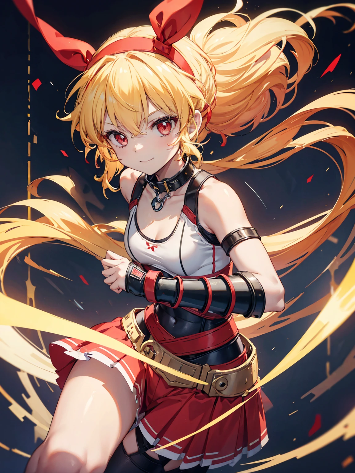 (RED Ribbon on HAIRband:1.2),A boyish female warrior with  yellow-white messy hair, wearing metal gauntlets, in a fighting stance, smiling, revealing clothing, small breasts, toned muscles, and a slender build  Electricity is emitted from both hands, sports bra type armor, armor from the waist to the knees, supple legs, black bangles on the upper arms, and a collar with a chain