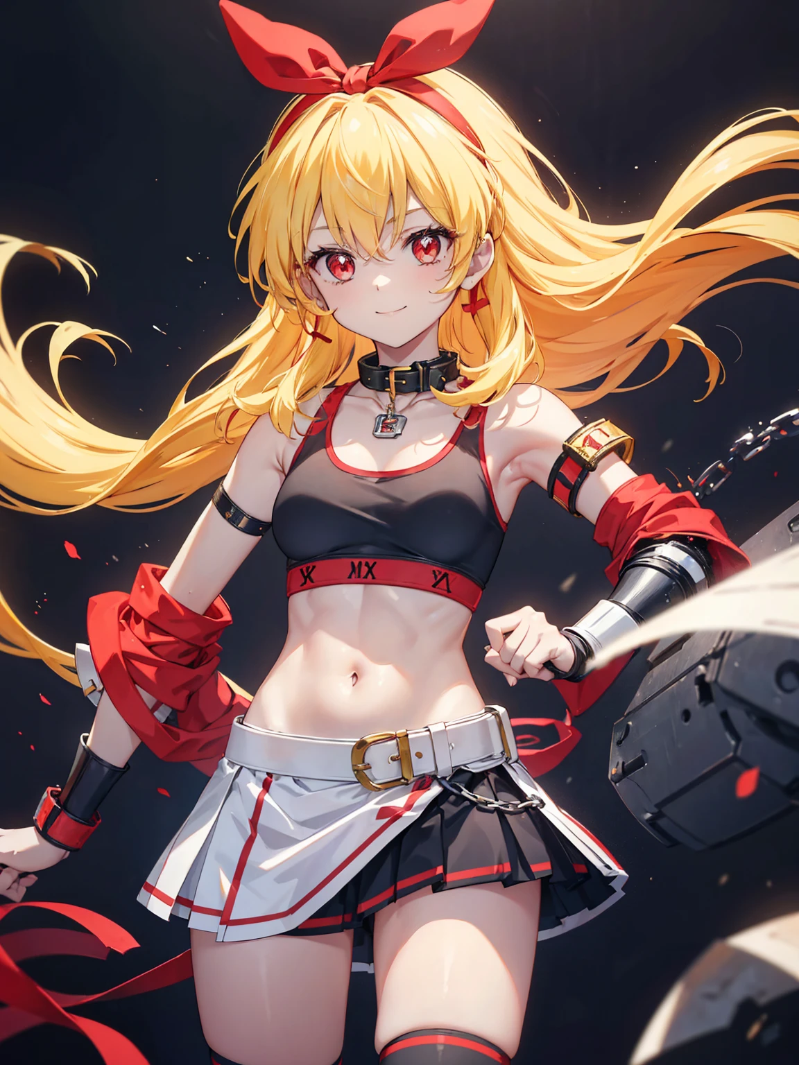 (RED Ribbon on HAIRband:1.2),A boyish female warrior with  yellow-white messy hair, wearing metal gauntlets, in a fighting stance, smiling, revealing clothing, small breasts, toned muscles, and a slender build  Electricity is emitted from both hands, sports bra type armor, armor from the waist to the knees, supple legs, black bangles on the upper arms, and a collar with a chain