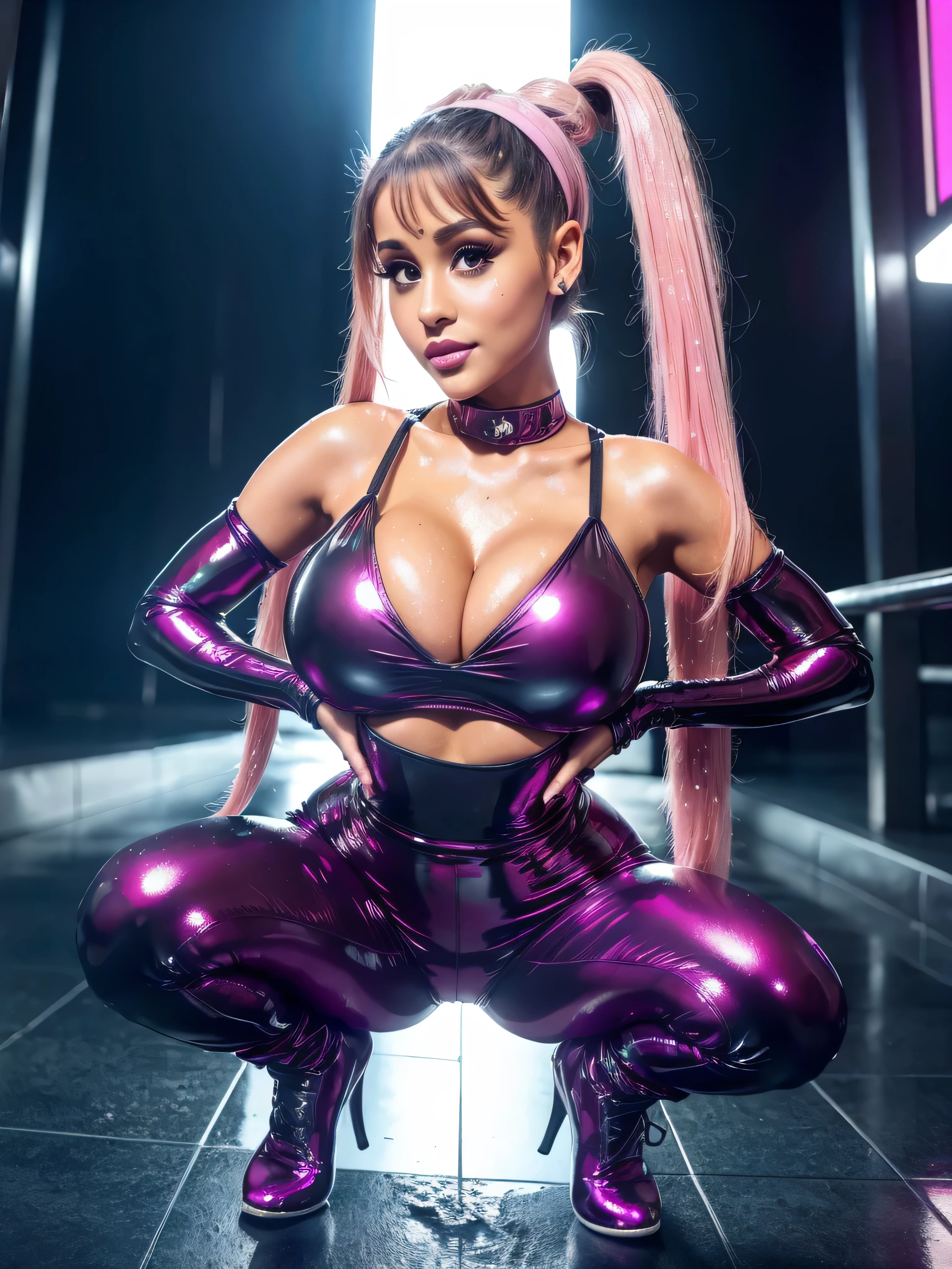 ariana grande, pigtails hair, headband, shiny huge tits, bimbo, shiny leggings, realistic, 8k, fullscale, shiny, sexy, wet look, ((Enormously huge bimbo boobs)), giant tits, pink makeup, big lips, wet , squatting, view from side
