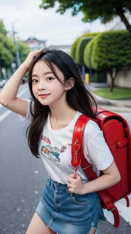 (8k),(masterpiece),(japanes),(-yeld gi,((Innocent look)),((Childish)),from the front,smile,cute,Innocent,Kind eyes, tight T-shirt, medium breasts, deep V breasts, open cleavage, Short sleeve,Blue checked short skirt,(Carrying a red backpack),Straight hair,Hair blowing in the wind,Black Hair,noon,bright