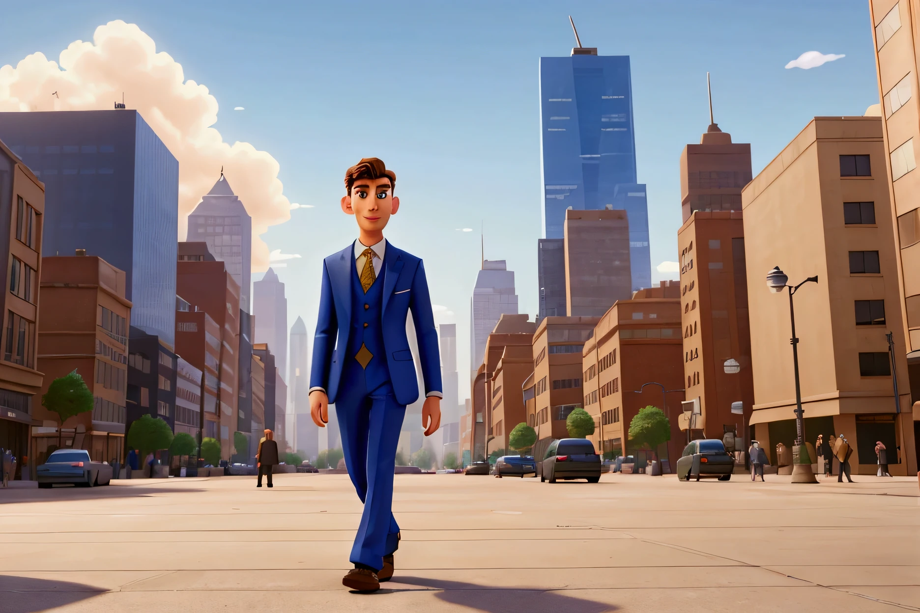 in 2024, a men with classic suit, walking in a big modern city, extremely detailed, vibrant colors, exceptional sharpness, PIXAR style