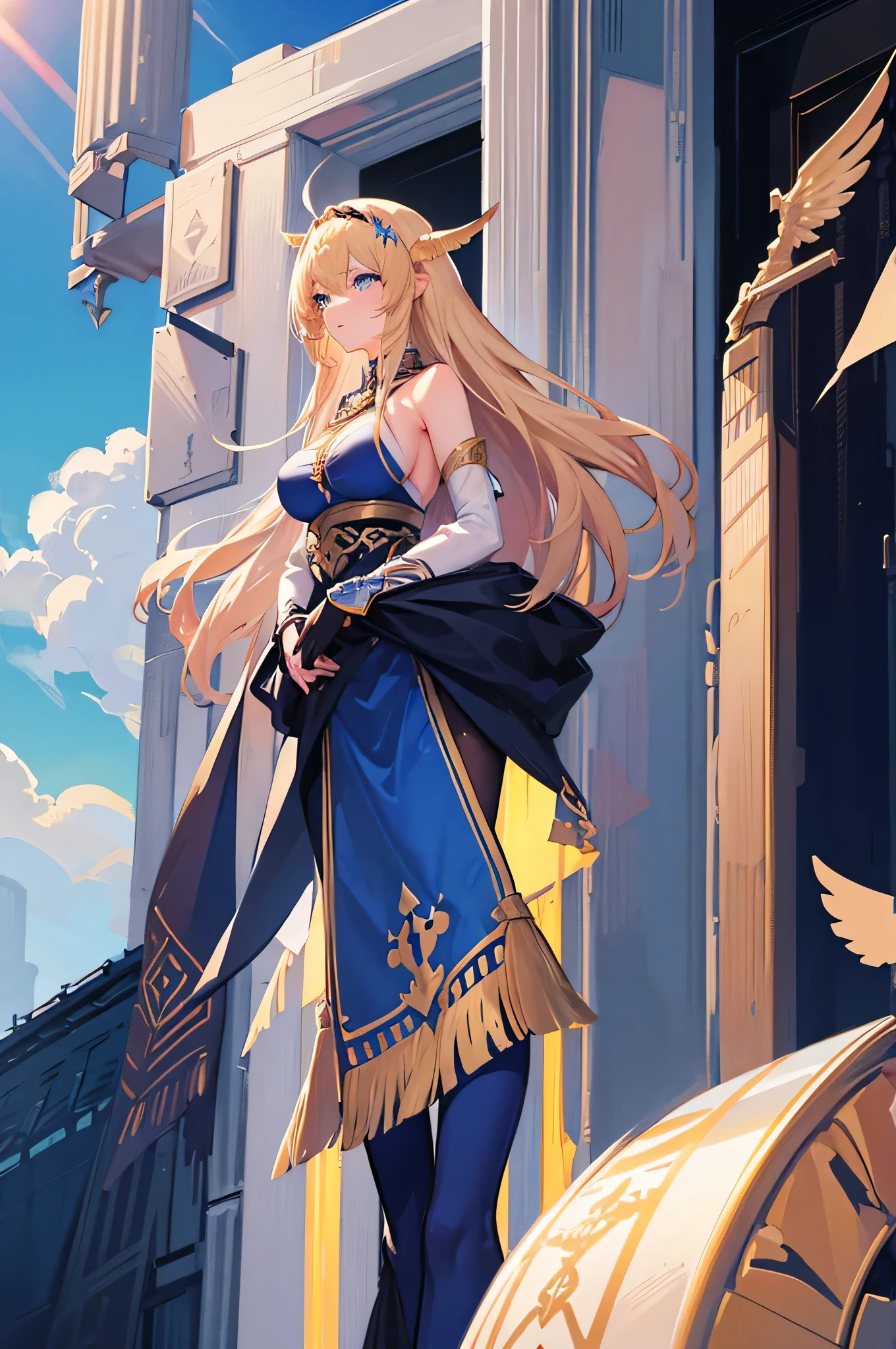 4K,High resolution,One Woman,Blonde,Long Hair,Blue Eyes,Big Breasts,Valkyrie,Sacred Armor,Winged headgear,Jewelry decoration,Excalibur,Temple in the Sky