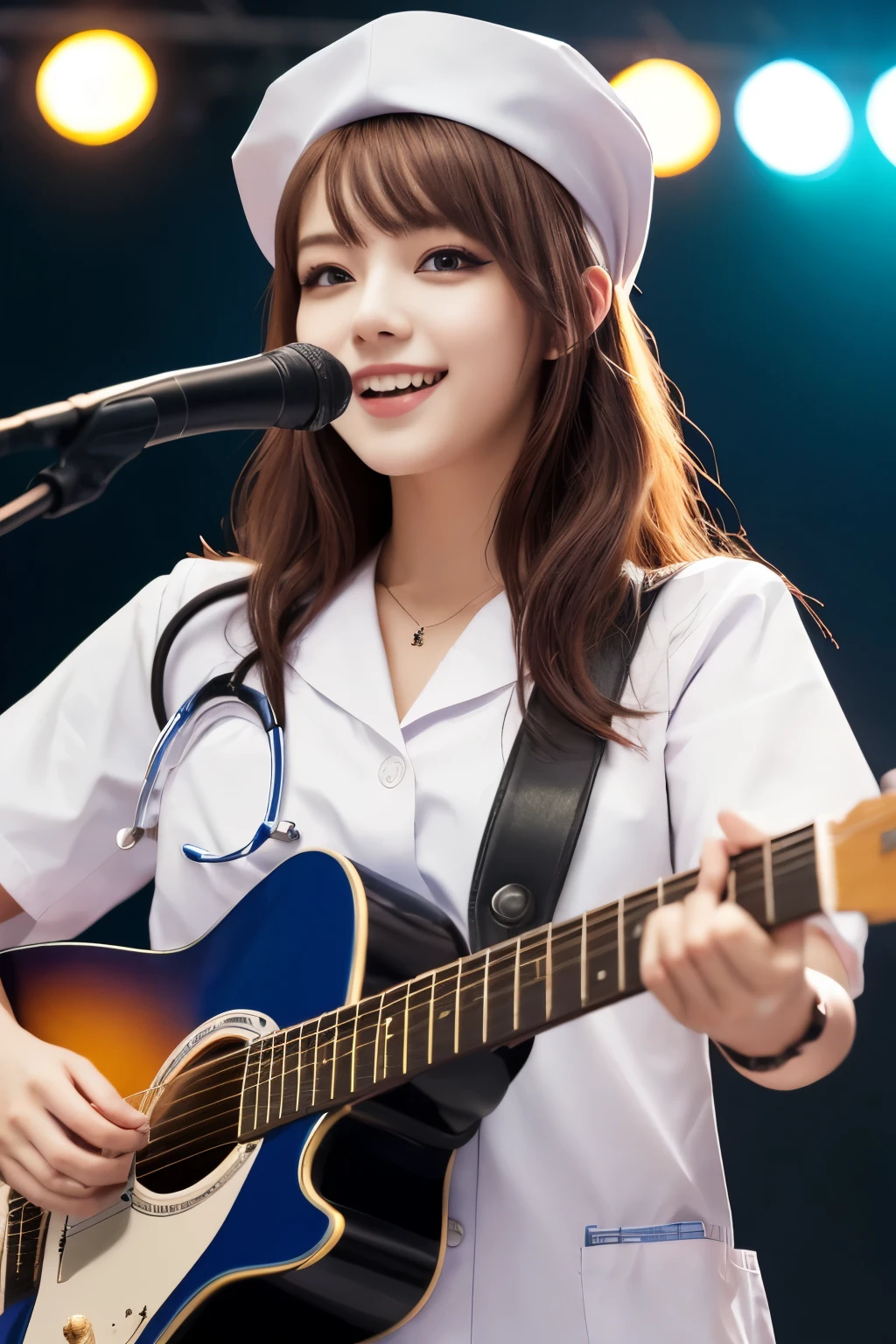 sharp focus, perspective, foreshortening, best quality, ultra res, 8 k, photorealistic, depth of field, 1woman, Playing guitar at a concert, Garterbelt, lighting, long_wave_hair, (White nurse uniform:1.2), cute, 23 years old beautiful sexy woman, singer, beauty, colorful hair, make up, light smile