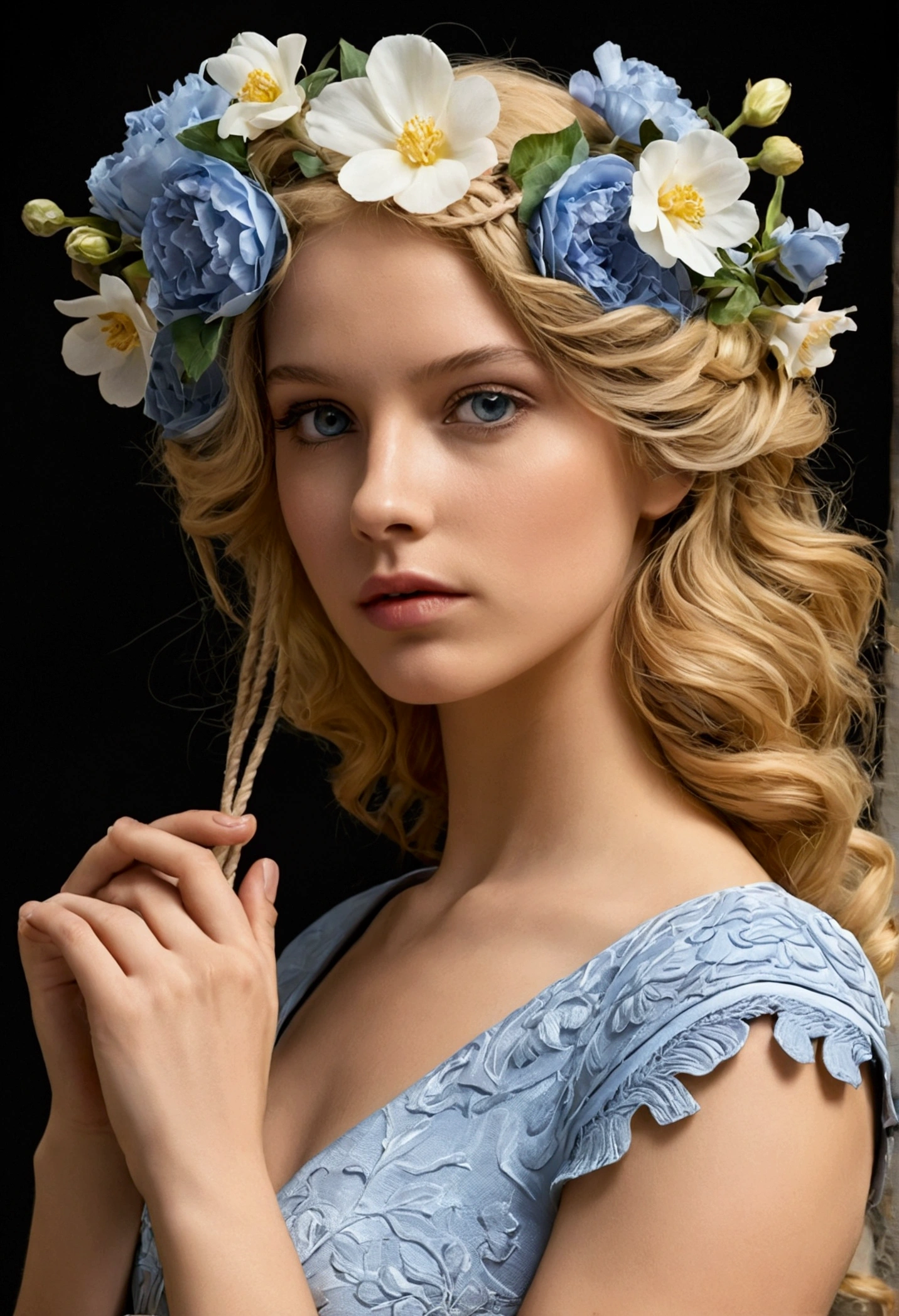 Ilustration roman graphique, photoréaliste, corps entier belle jeune femme, allongée sur le ventre, cheveux blonds,serre-tête, nez fin, yeux bleus, robe d'été à fleurs, demoiselle en détresse, bâillonnée avec scotch, mains attachées dans le dos avec corde, chevilles attachées avec corde, pieds relevés, sandales à talons, regarde le spectateur, étonnée.