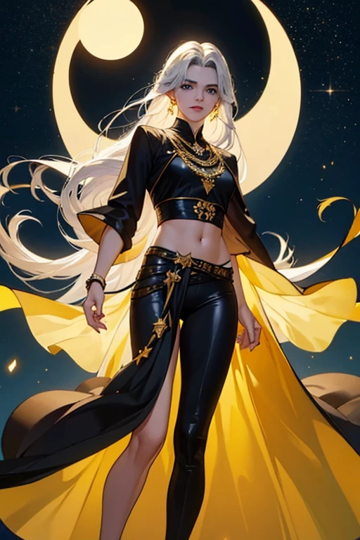 ### **charachter: "Night Solaris"**
#### **Ethnicity e Gender**
- **Ethnicity**: Mediterranean.
- **Gender**: naughty man.
#### **demeanor**
- **Stereotype**: Neither. He is balanced and enigmatic, reflecting a harmony between the energy of the sun and the calm of the night.
#### **Appearance**
- **hair cut**: Hair divided in half, with the upper half in gold and the lower half in black. Long, flowing style, with a wavy golden part and a straight black part.
- **eyecolor**: One golden eye and one dark blue eye.
- **cor da pele**: Light olive skin with a subtle glow that reflects light.
- **gura**: medium lips, with a slight silver shine.
- **ears**: ears normais com pequenos piercings em forma de estrela.
- **cos**: Athletic and slim.
- **toenails**: toenails curtas com esmalte que muda de cor, from gold to silver, according to the light.
- **scars**: Star-shaped scar on lower belly.
- **Pop-Symbols**: Sun and moon tattoos that intertwine on the back, mudando de cor according to the light.
#### **Favorite Expressions**
- **Calm and Majestic**: A serene and confident look.
- **Enigmatic smile**: Suggests a deep and mysterious knowledge.
#### **Phrase that Reflects Personality**
- **"Between the brightness of the sun and the serenity of the night, we find true balance."**
#### **Detalhes de Como o charachter Se Arruma**
- **badass clothing**:
- **upper part**: Tunic divided in half, with one golden side representing the sun and the other dark blue representing the night. The tunic is fluid and majestic.
- **Bottom**: Black leather pants with gold and silver details.
- **booties**: booties altas de couro que mudam de cor, from gold to dark blue, with details of stars and sun rays.
- **Accessories**:
- **waist belt**: waist belt dourado com fecho em forma de lua crescente e sol radiante.
- **necklaces and rings**: star necklaces