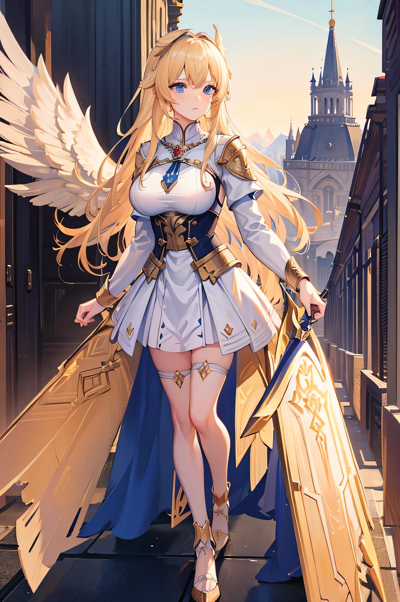 4K,High resolution,One Woman,Blonde,Long Hair,Blue Eyes,Big Breasts,Valkyrie,White sacred armor,Winged headgear,Jewelry decoration,Excalibur,Temple in the Sky