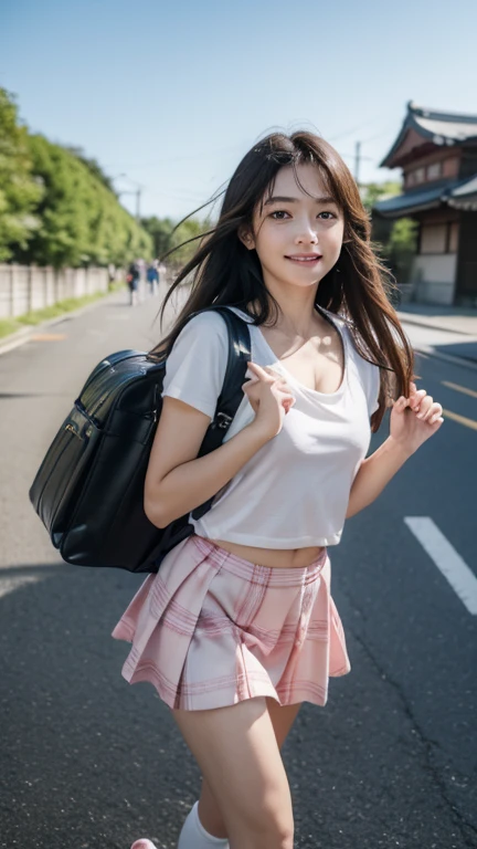 (8k),(masterpiece),(japanes),(),((Innocent look)),((Childish)),from the front,smile,cute,Innocent,Kind eyes, tight T-shirt, medium breasts, deep V neck, open cleavage, Short sleeve, tight Blue checked short skirt,(Carrying a red backpack),Straight hair,Hair blowing in the wind,Black Hair,noon,bright