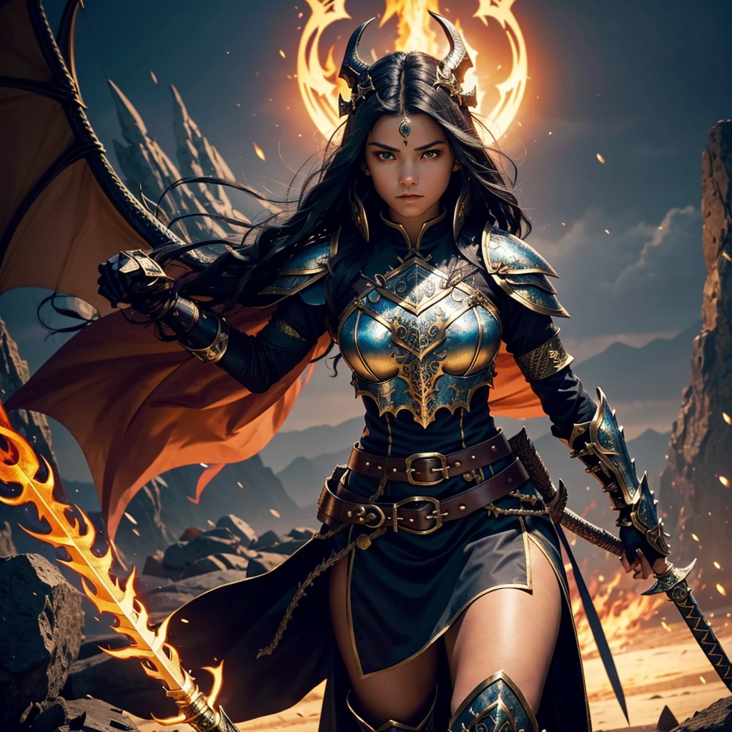 A 16-year-old warrior girl with long, wavy black hair and intense blue eyes that reflect light and dark flames. She has an athletic and toned body, standing 1.75m tall. Wearing a majestic armor made from the remains of the Supreme Dragon God: a helmet with black and gold scales adorned with protective runes, a breastplate that glows with internal light and inscriptions, gauntlets and gloves made from dragon claws that enhance strength, a belt of dragon leather and scales for extra resistance, and reinforced greaves and boots for agility and impact absorption. She wields a longsword made from the dragon's tail, engulfed in dark flames, a bow made from dragon ribs with elemental arrows, and a dagger crafted from the dragon's horn, enchanted with poison magic. The scene is set at sunset on a battlefield, with a sky ablaze in orange and red hues
```
