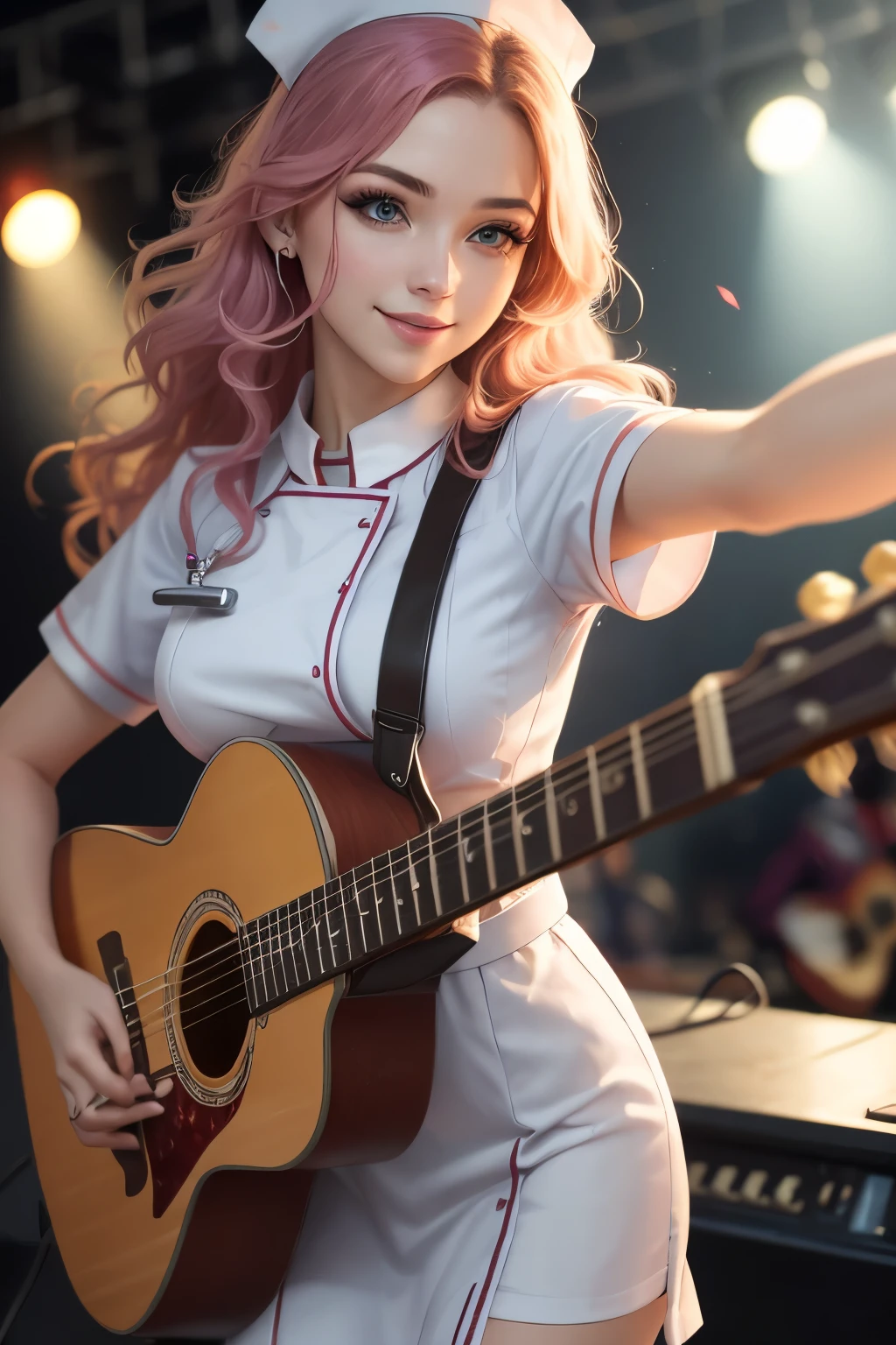 sharp focus, perspective, foreshortening, best quality, ultra res, 8 k, photorealistic, depth of field, 1woman, Playing guitar at a concert, Garterbelt, lighting, long_wave_hair, (White nurse uniform:1.2), cute, 23 years old beautiful sexy woman, singer, beauty, colorful hair, make up, light smile