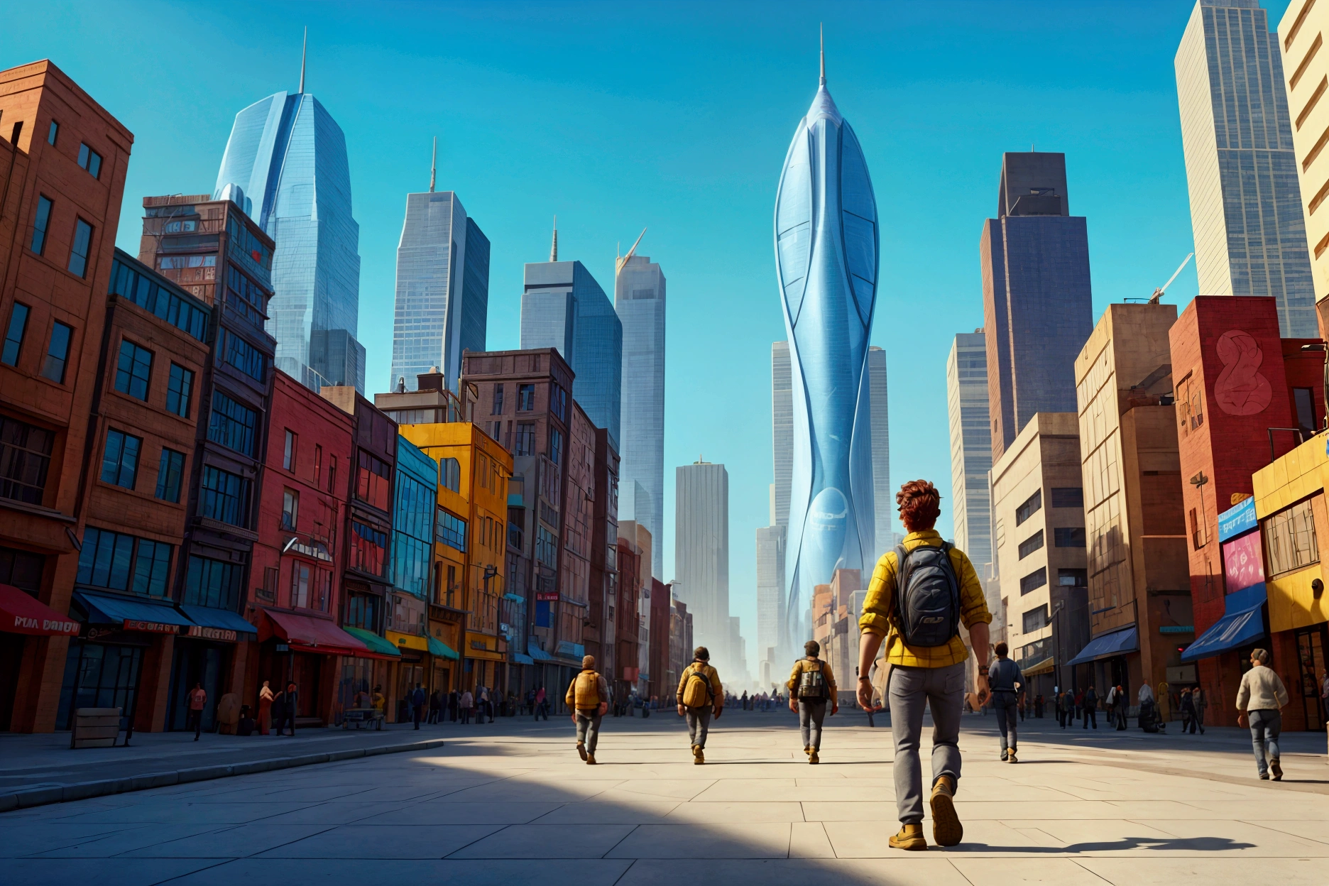 in 2024, a men walking in a big modern city, extremely detailed, vibrant colors, exceptional sharpness, PIXAR style