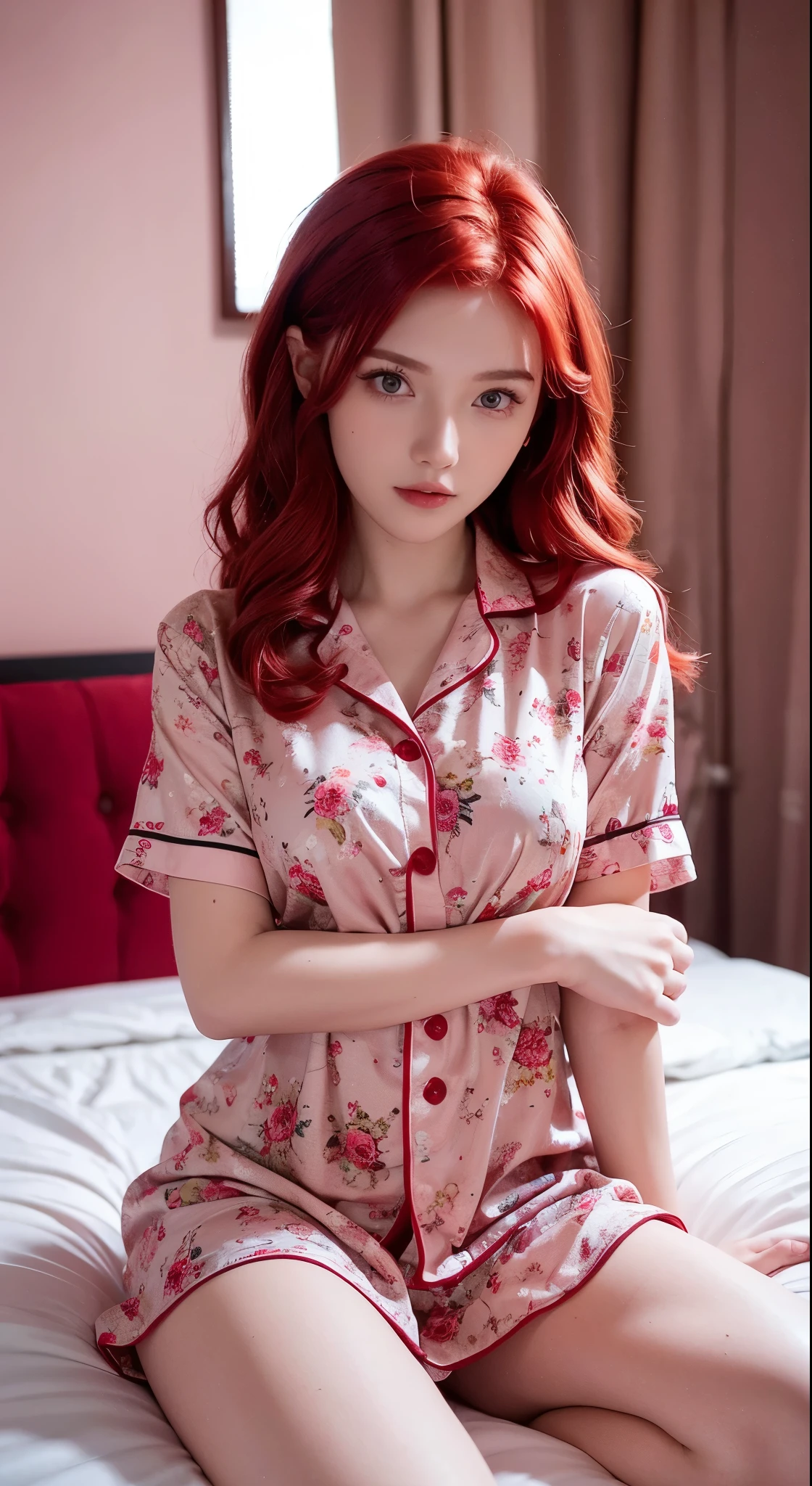 There is a woman sitting on a bed wearing a pink floral pajamas, red-haired girl, beautiful red-haired woman, red-haired woman, young red-haired girl, short bright red hair, red hair and attractive features, Anna Nikonova aka Newmilky, red-haired girl, redhead, beautiful woman, posing in bed, red head, with short red hair, posing in a room