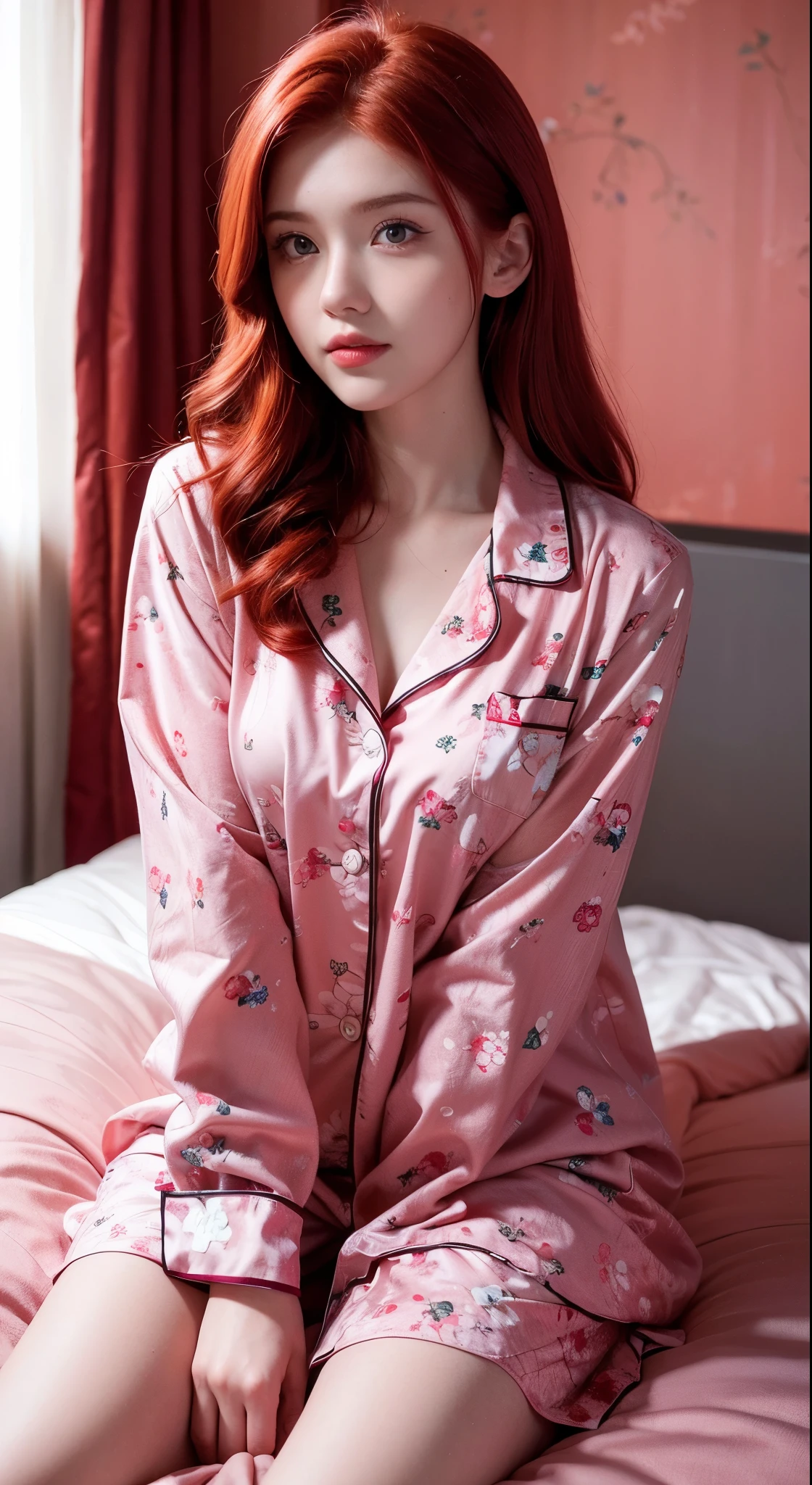 There is a woman sitting on a bed wearing a pink floral pajamas, red-haired girl, beautiful red-haired woman, red-haired woman, young red-haired girl, short bright red hair, red hair and attractive features, Anna Nikonova aka Newmilky, red-haired girl, redhead, beautiful woman, posing in bed, red head, with short red hair, posing in a room