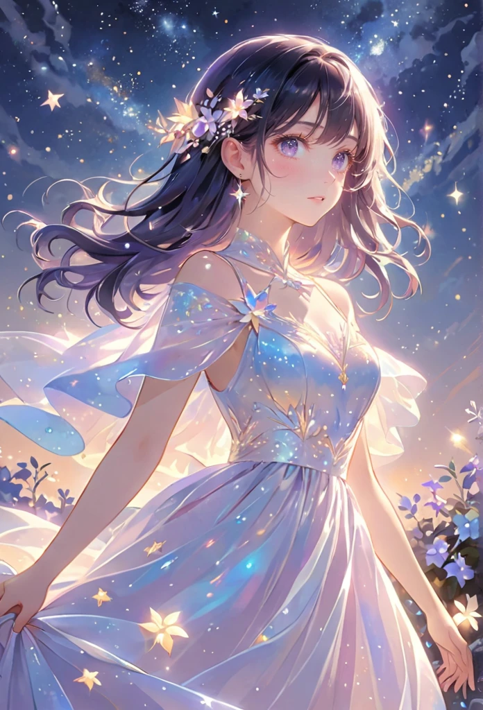 A girl standing alone under the starry night sky, with her silhouette illuminated by the soft moonlight and twinkling stars. Her face is beautifully detailed, with mesmerizing eyes that seem to reflect the universe itself, long and fluttering eyelashes, and exquisitely defined lips. She has very long dark navy hair that shimmers like the starry sky and is dressed in an elegant gown, flowing and ethereal, embracing her figure gracefully as it glimmers with a subtle celestial glow. The intricate details of her dress catch the faint starlight, creating a mesmerizing sparkle. The surrounding landscape showcases a serene garden, lush with vibrant foliage and colorful flowers. The air is filled with a gentle breeze, causing the leaves to rustle and the flowers to sway delicately. The garden is bathed in a warm, dreamy color palette, with hues of deep blues, purples, and hints of silver. The atmosphere is calm and tranquil, evoking a sense of peace and serenity. The artwork is of the highest quality, meticulously created with ultra-detailed brushstrokes and precise attention to every element. The texture and depth of the painting are breathtaking, with a sense of realism and photorealism that captures the awe-inspiring beauty of the night sky. The lighting is soft and diffused, casting a gentle glow over the entire scene, enhancing the magical ambiance. The girl's presence radiates a sense of mystery and wonder, as if she holds a secret connected to the celestial beings above. The overall composition evokes a feeling of timelessness and captures the essence of a StarSign, an artwork that embodies the celestial beauty and inner strength of a girl in harmony with the stars.