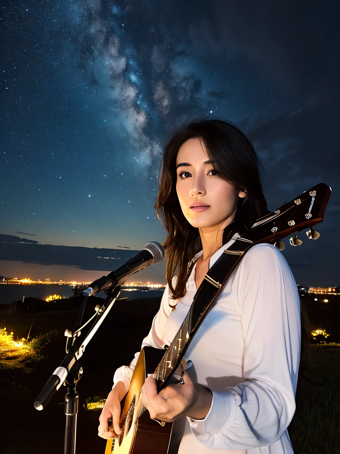 Realistic, 8k Full Length Portrait, good looking, 30-year-old male, attractive appearance, Facial details, ((play the guitar:1.2)),Arabic models、Octane, Sky Sky, performer(Sky Sky), landscape, Starry Sky, night, One Girl, night空, solo, Plein Air, built, cloud, evening、 Sit on, wood, Hair length, city, silhouette, 都city景観,Realistic