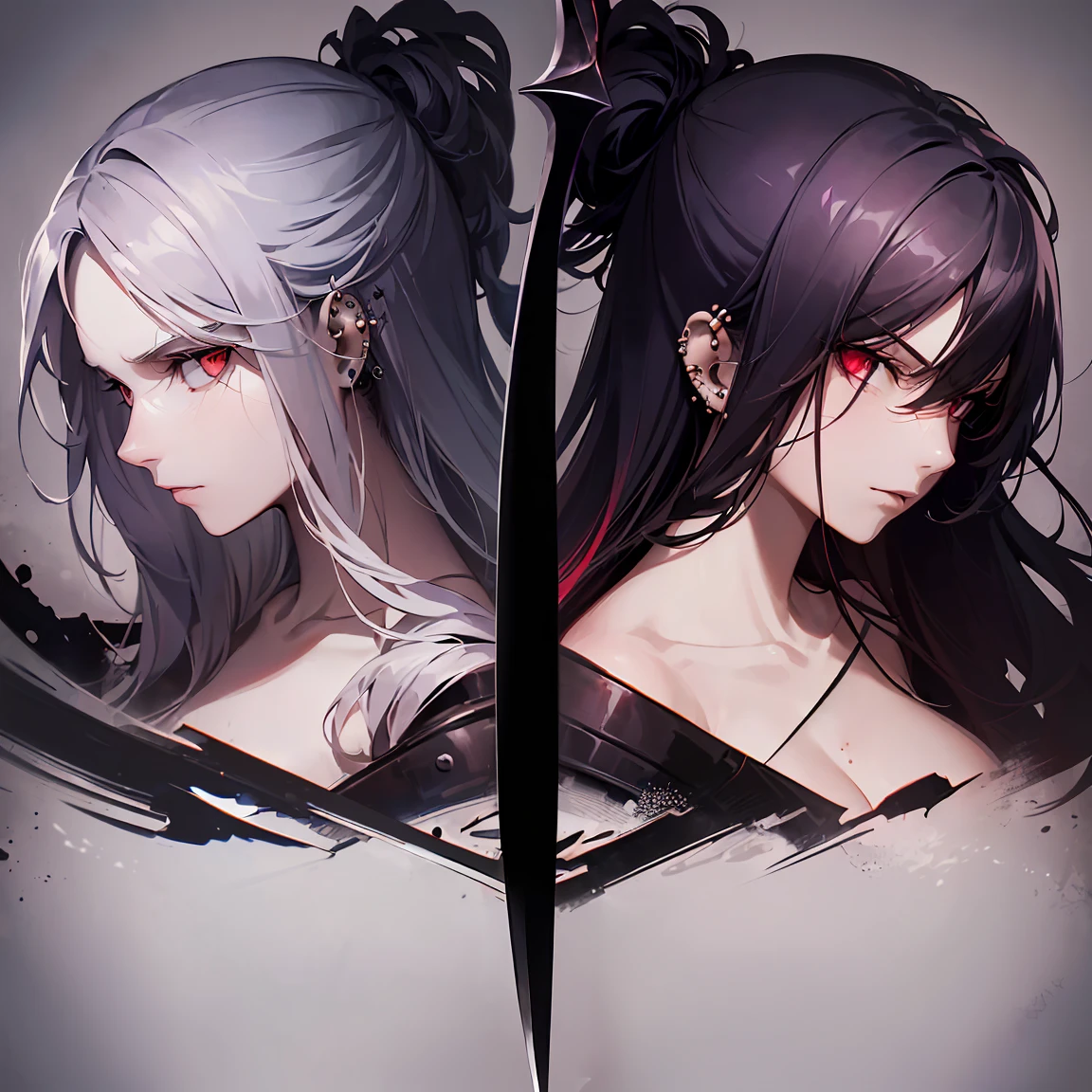 ((Best Quality)), ((Masterpiece)), ((Realistic)) 19 year old, female character with long white hair and piercing red eyes. She wears a demonic armor in purple, black, and white, and wields a large, stylized scythe. The character has a menacing expression, with a chaotic environment as the background. (((detailed character sheet, full body front view, side view, three-quarter view, close-up views of armor details, weapon, and facial features))). ((slender)), (busty), (extremely detailed:1.5), (long white hair:1.2), (piercing red eyes:1.2), (chaotic environment:1.1), (demonic armor:1.3), (stylized scythe:1.3).
