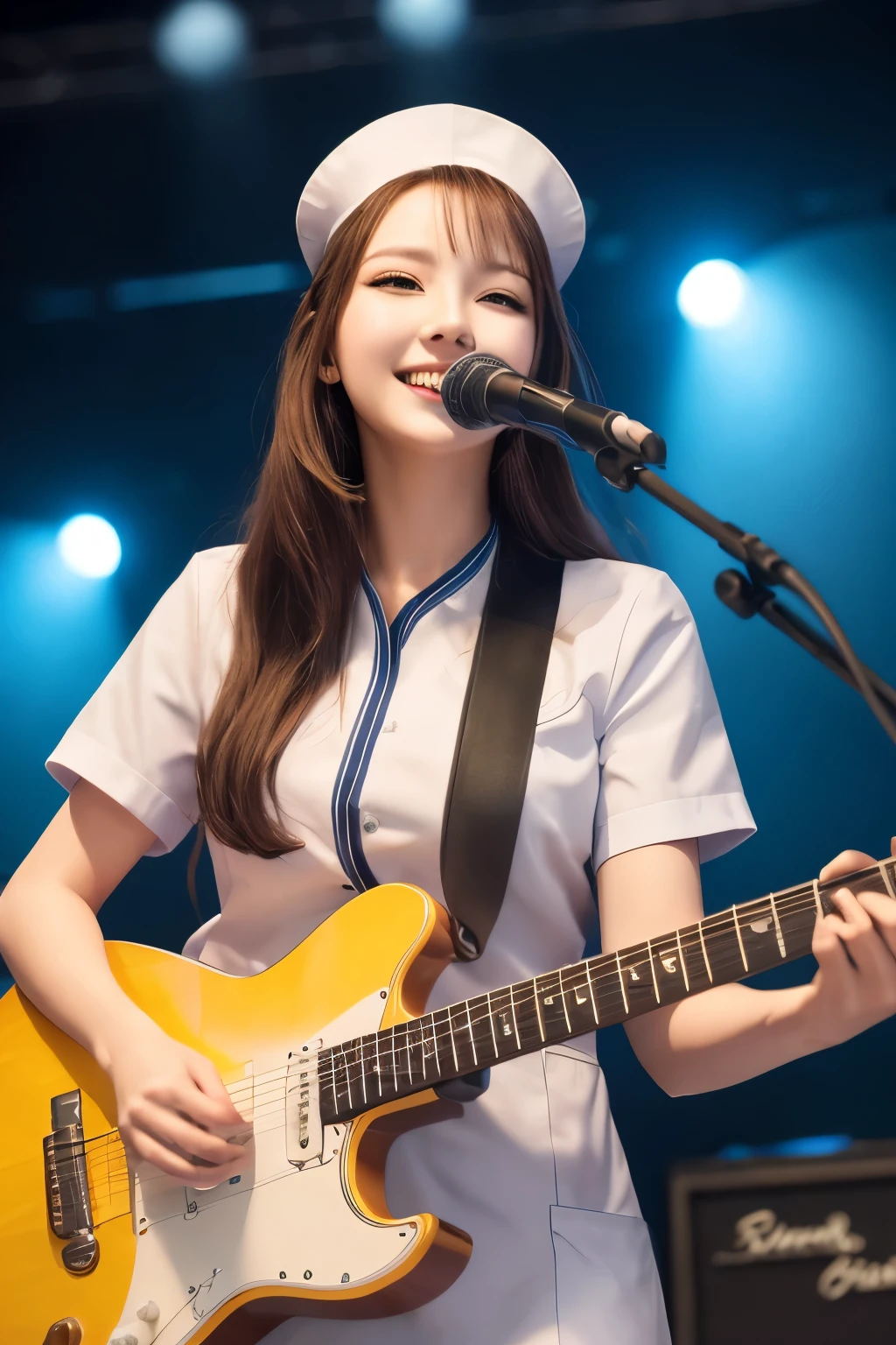 sharp focus, perspective, foreshortening, best quality, ultra res, 8 k, photorealistic, depth of field, 1woman, Playing guitar at a concert, Garterbelt, lighting, long_wave_hair, (White nurse uniform:1.2), cute, 23 years old beautiful sexy woman, singer, beauty, colorful hair, make up, light smile