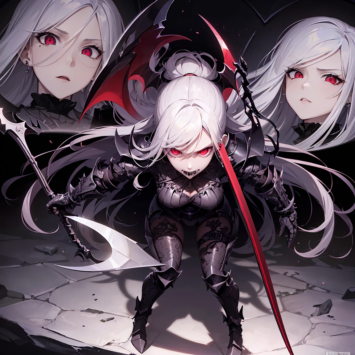(((masterpiece, best quality, ultra detailed, 8k))) character design sheet of a female character wearing a demonic armor in purple, black, and white. She wields a large, stylized scythe matching the armor. The character has long white hair, piercing red eyes, and a menacing expression. The scene is set in a chaotic environment. Full body front view, with additional close-up views of armor details, weapon, and facial features. (demonic armor:1.3), (stylized scythe:1.3), (extremely detailed:1.5), (long white hair:1.2), (piercing red eyes:1.2), (chaotic environment:1.1). {Detailed background elements and character features are emphasized}.