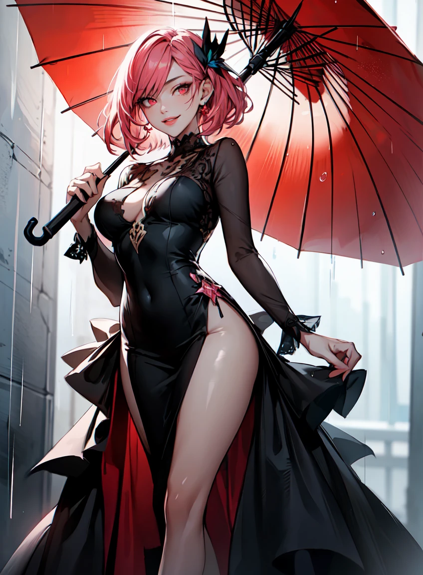 (masterpiece, best quality, perfect face, (beautiful and aesthetic:1.4), highest detailed face), 1girl, holding umbrella, looking at viewer, large breasts, dress, pink hair, red eyes, fullbody, smiling, from below, dark theme, rainy day, (elegant, intricate, 4k, extremely detailed, sharp, CG, hyper realism, dramatic light, HDR),